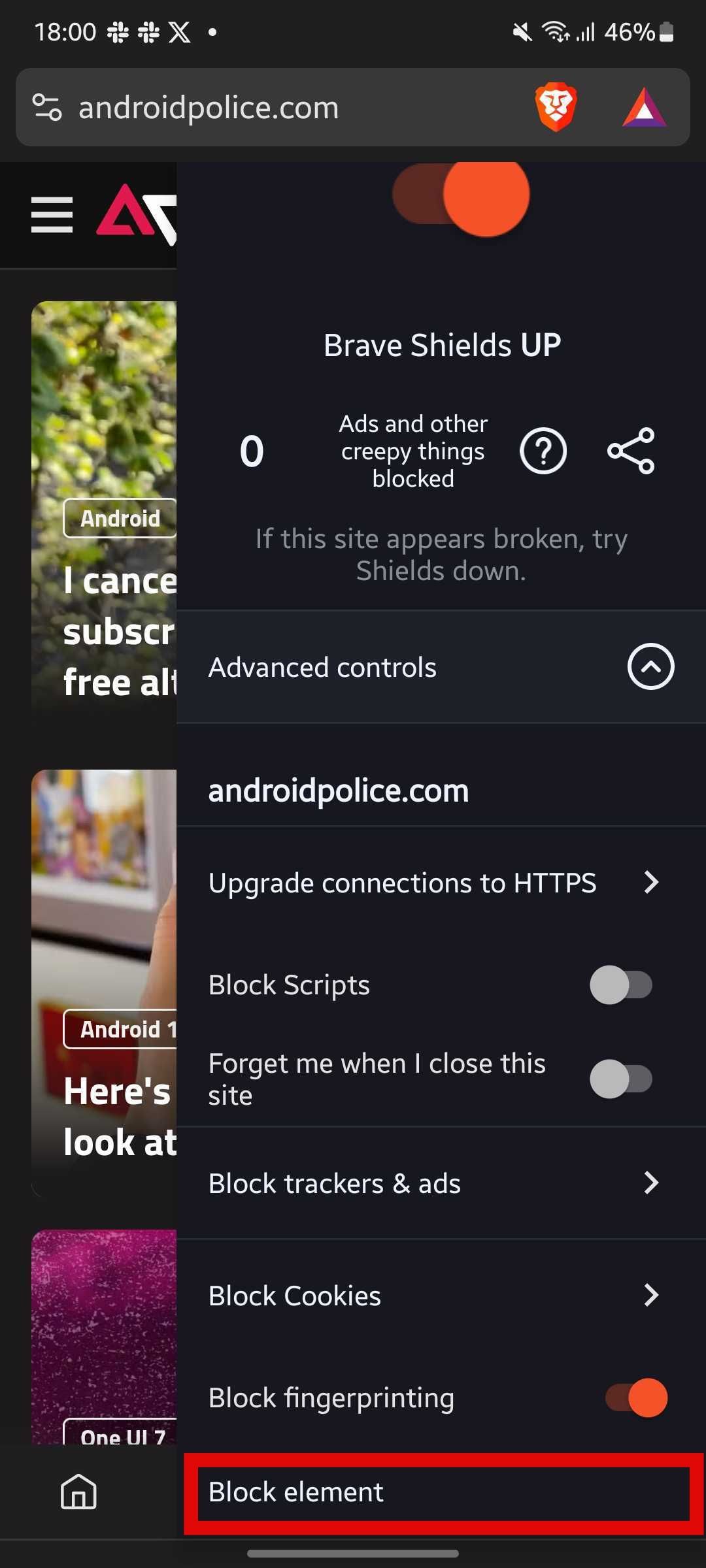 Screenshot showing Block element on Brave browser
