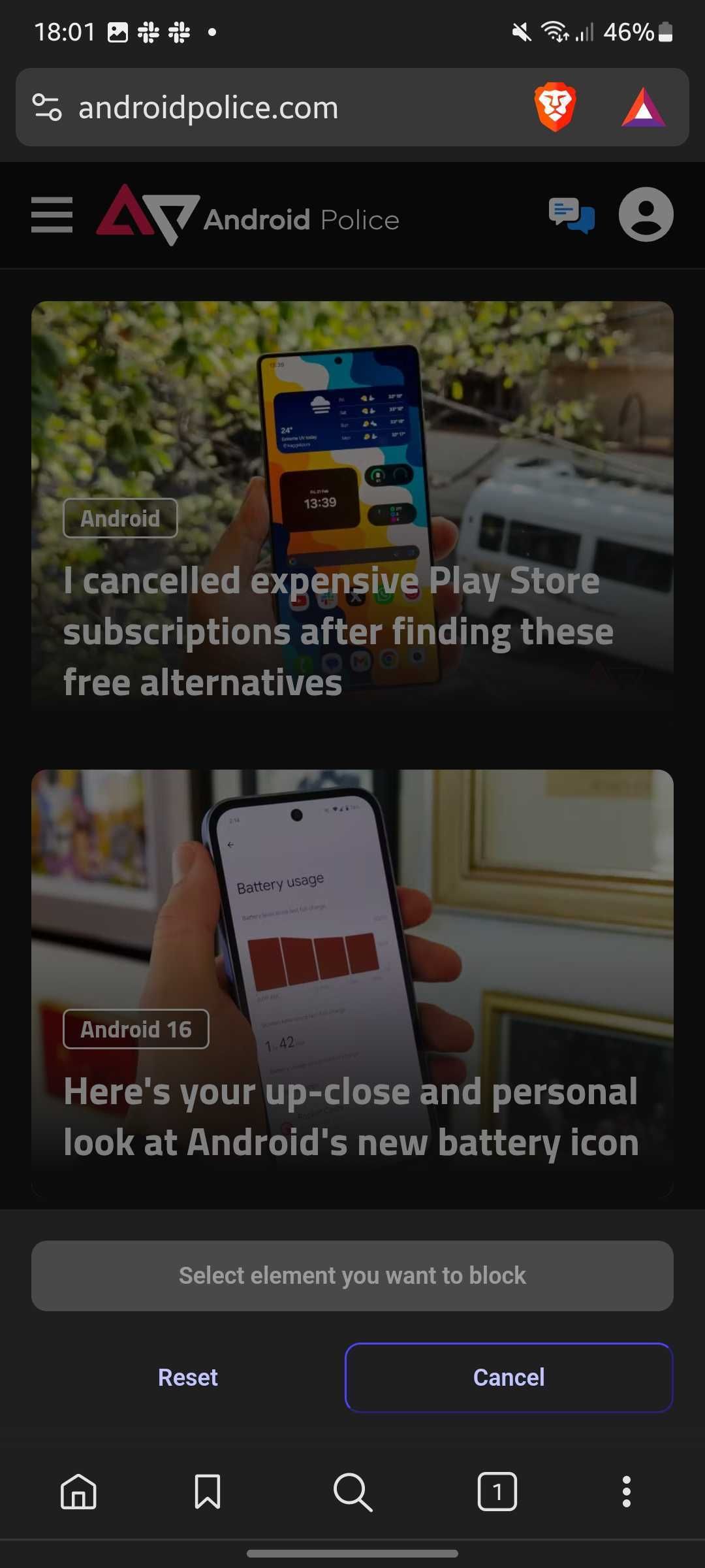 Screenshot showing block elements feature on Brave browser
