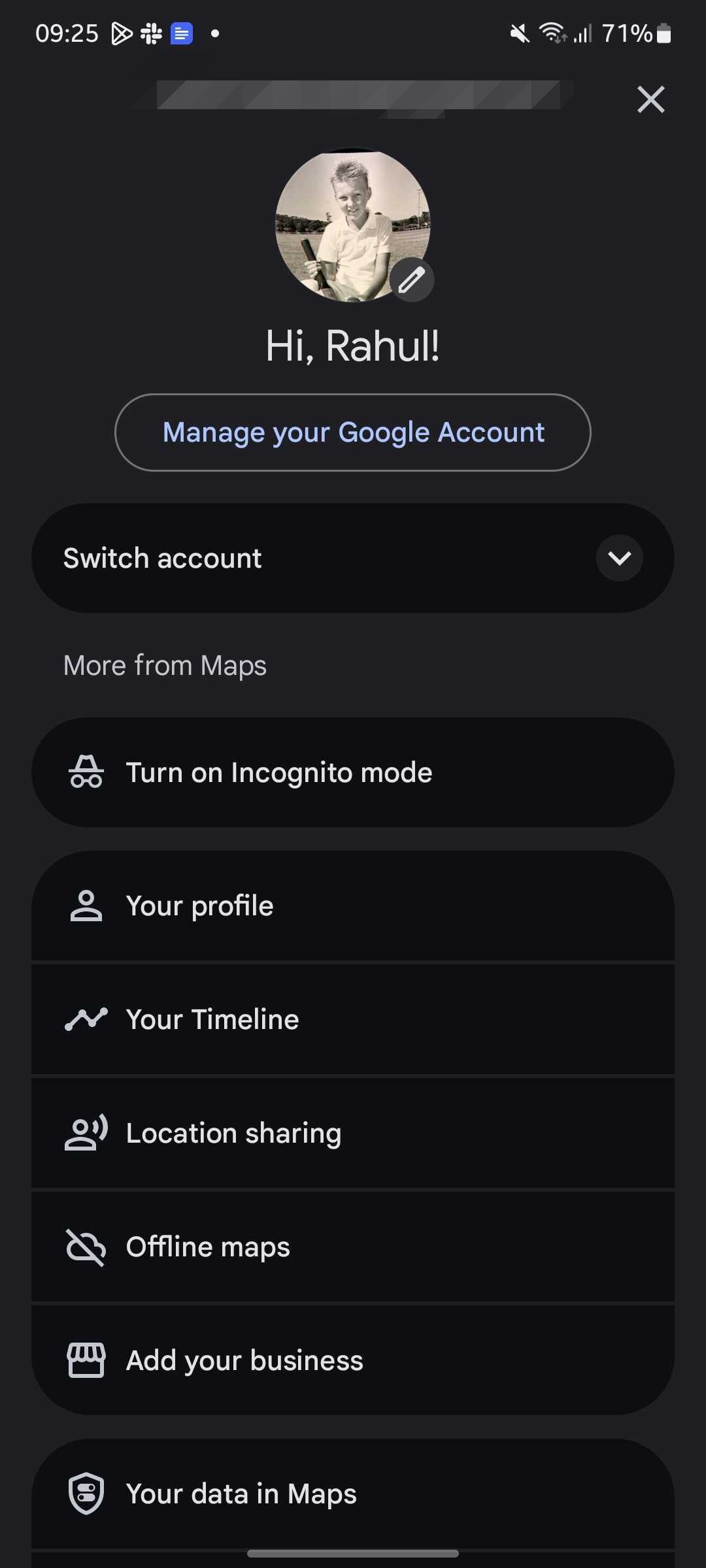 Screenshot showing new account switcher in Google Maps