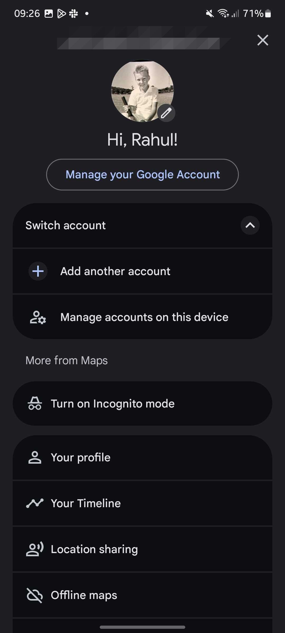 Screenshot showing new account switcher in Google Maps