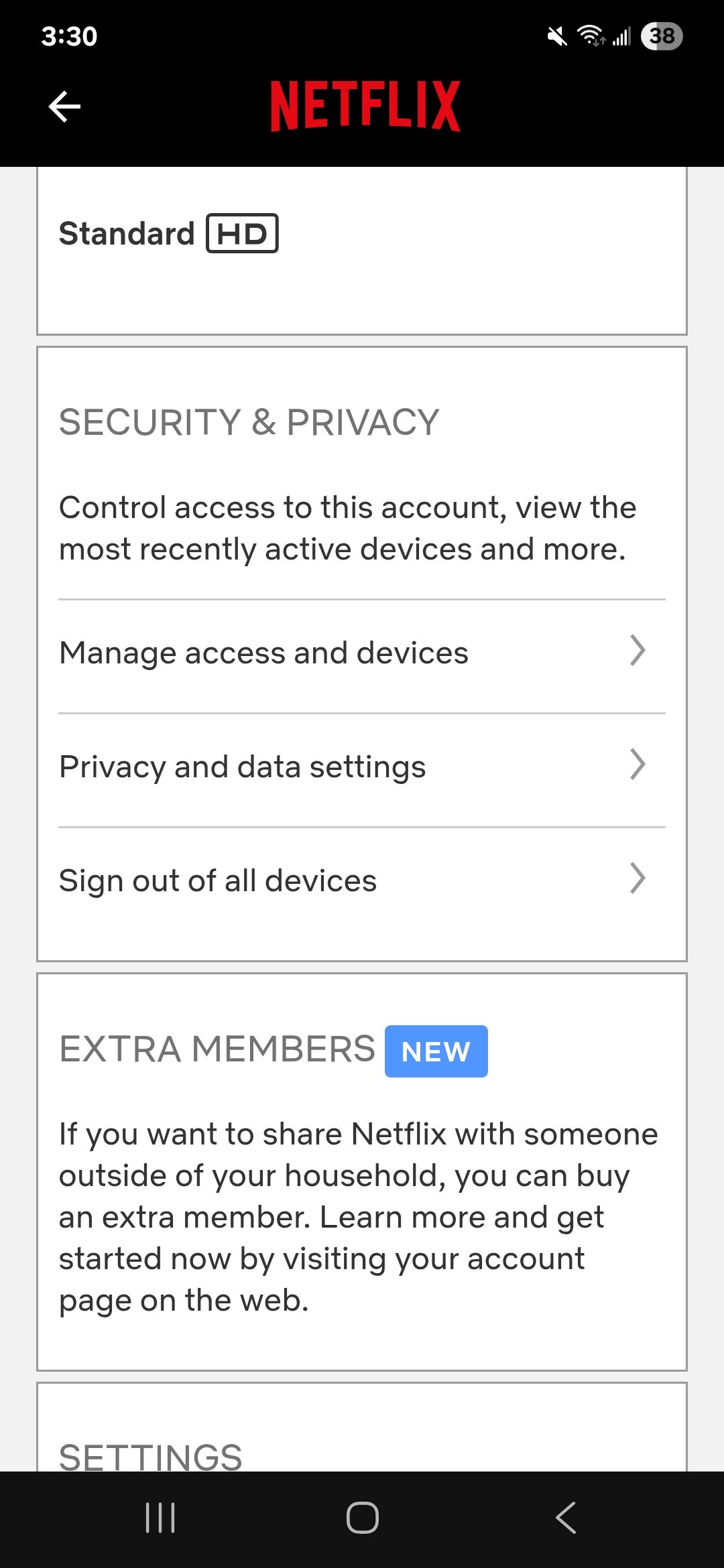 بخش امنیت و حریم خصوصی در برنامه Netflix که مدیریت دسترسی و دستگاه ها ، تنظیمات حریم خصوصی و داده ها را نشان می دهد و از همه گزینه های دستگاه ها خارج می شود