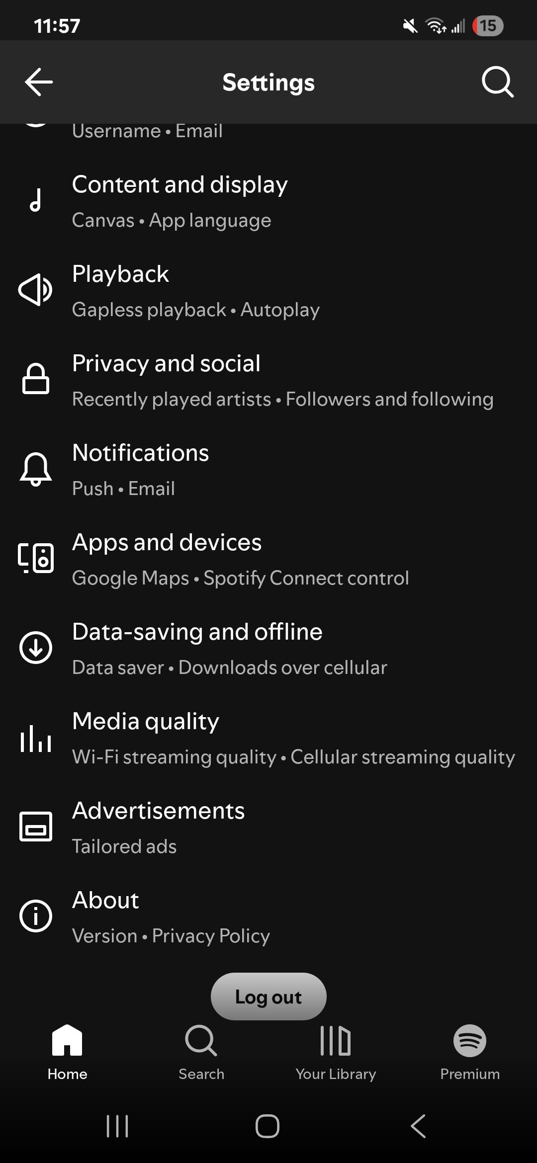 A list of settings in the Spotify app including the Data-saving and offline option