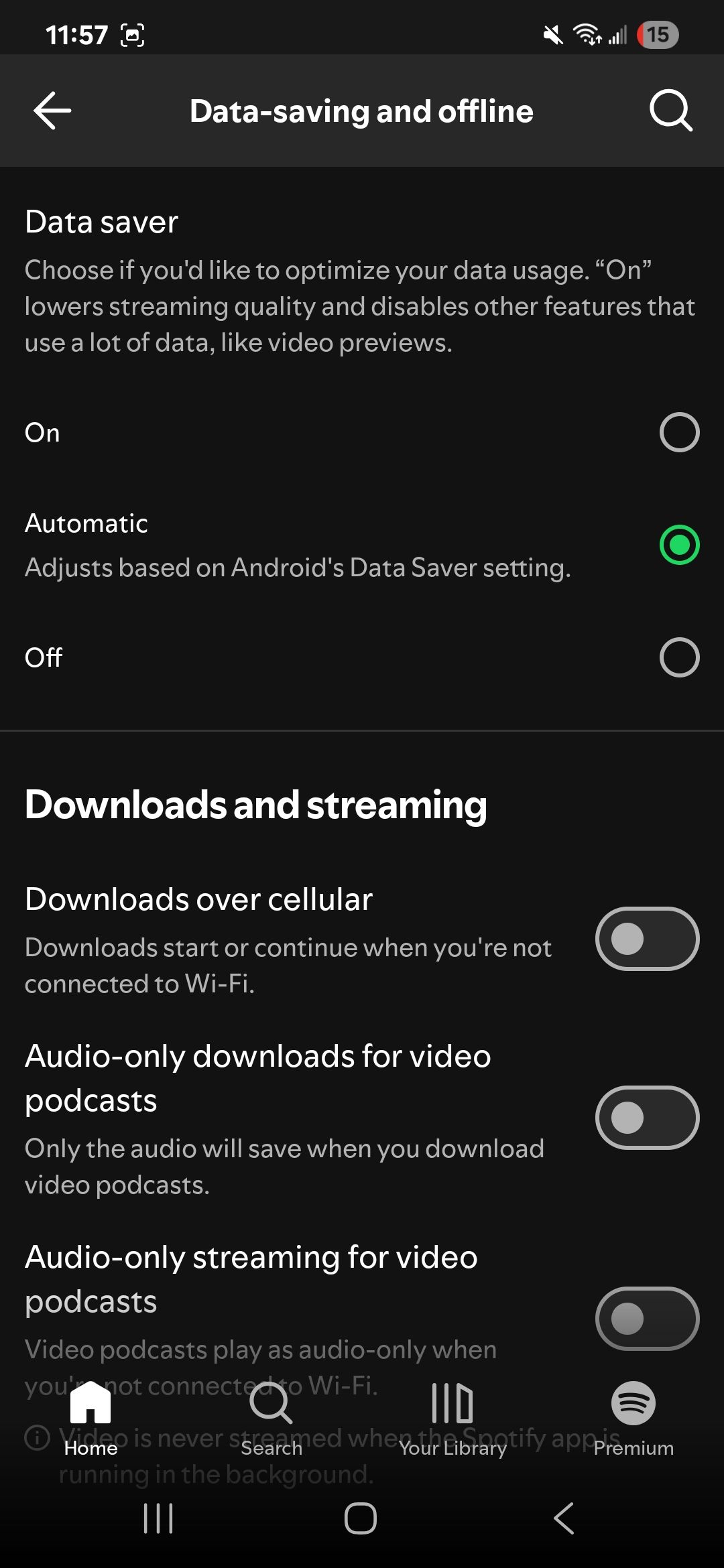 A list of data-saving options found in the Spotify app