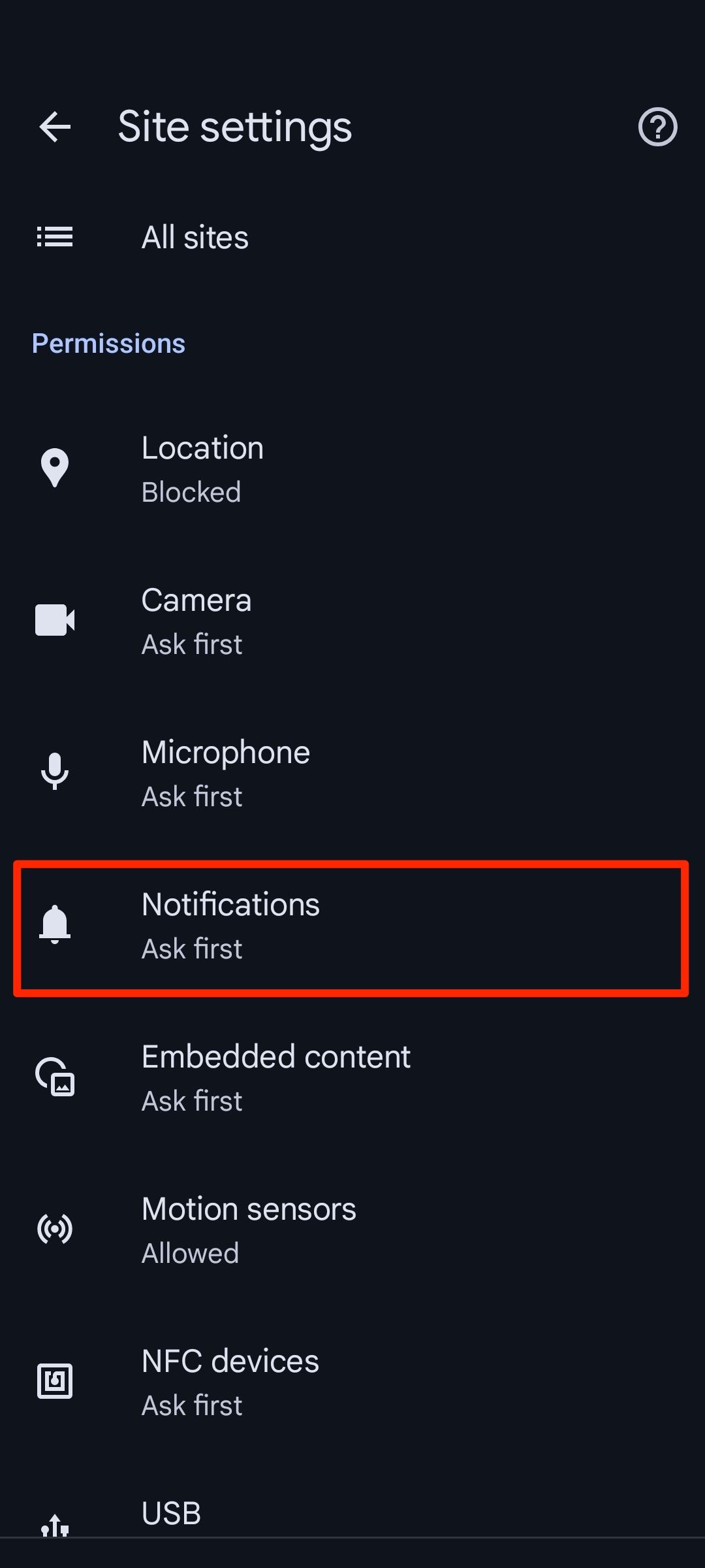 Red box highlighting notifications option in Google Chrome site settings menu