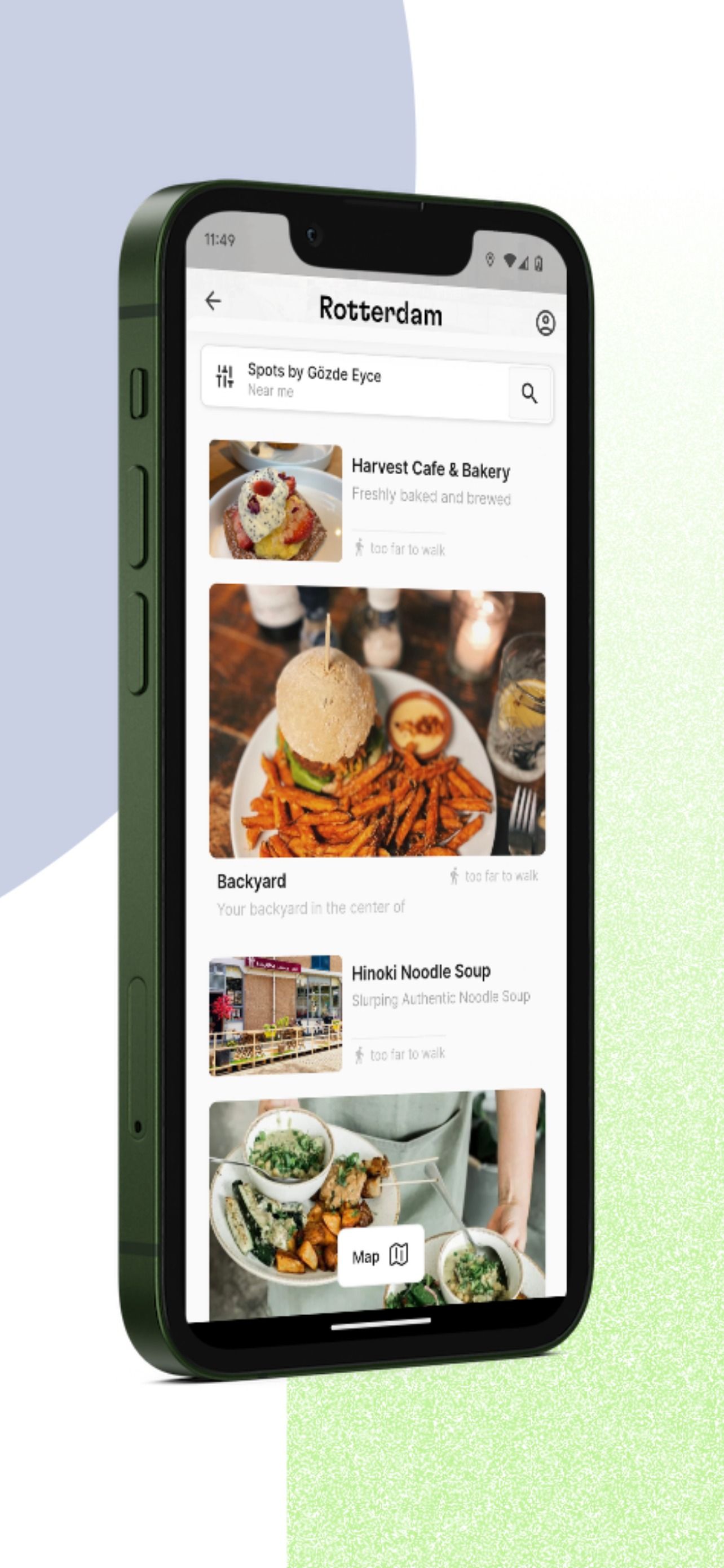 phone showing resturant recommendations