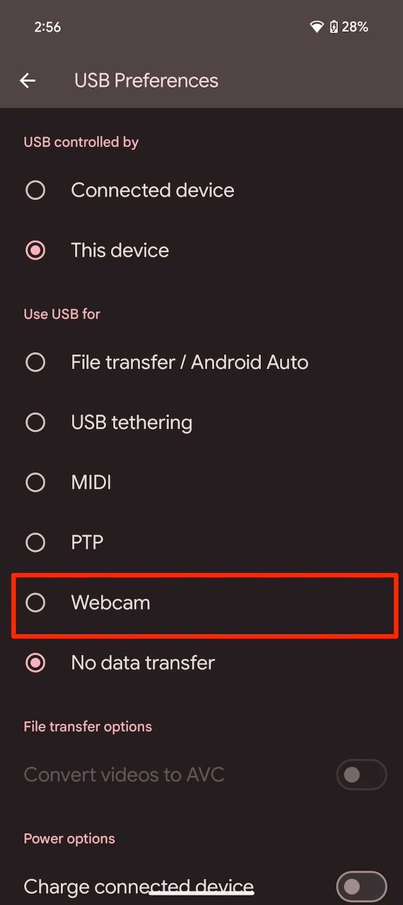 Red box highlighting Webcam option in USB preferences menu on Pixel UI