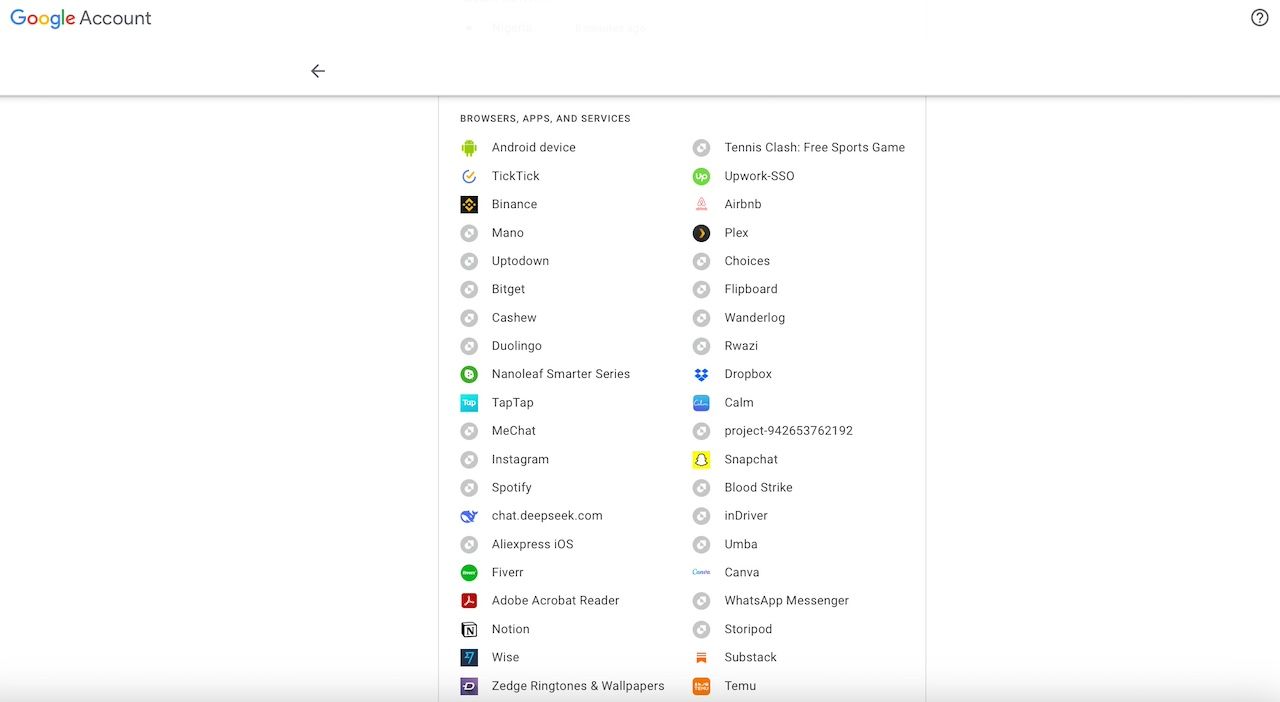 Google account web page showing browsers and services user is connected to on a device