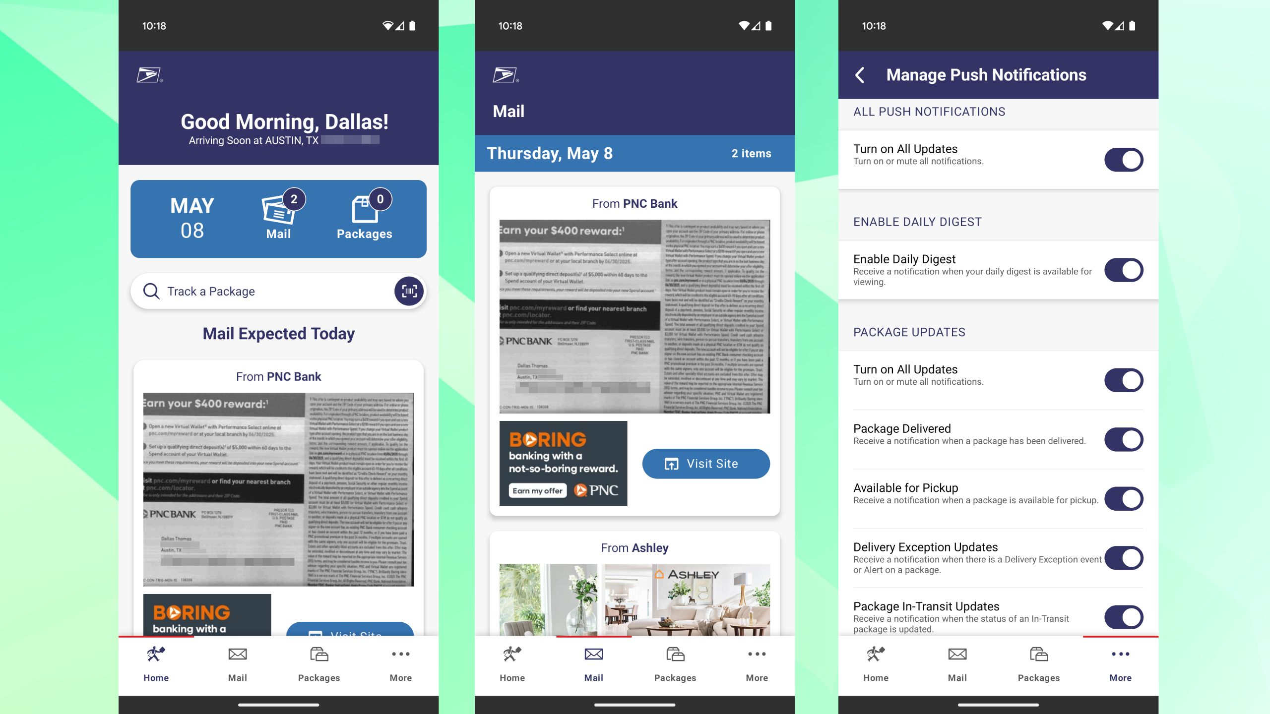 Screenshots highlighting USPS' Informed Delivery app.