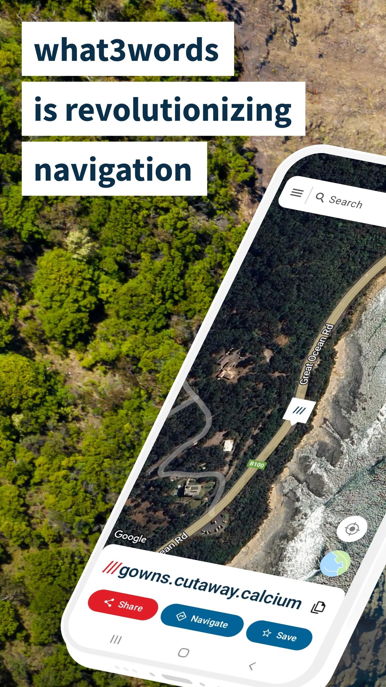 a phone displaying the what3words app over a satellite view of a forest background