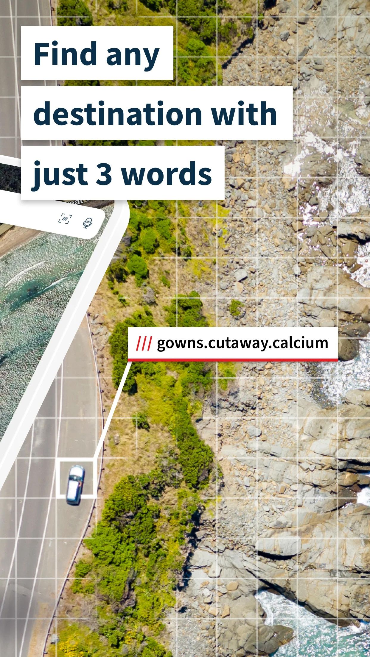 a satellite view of a terrain showing the function of the what3words app