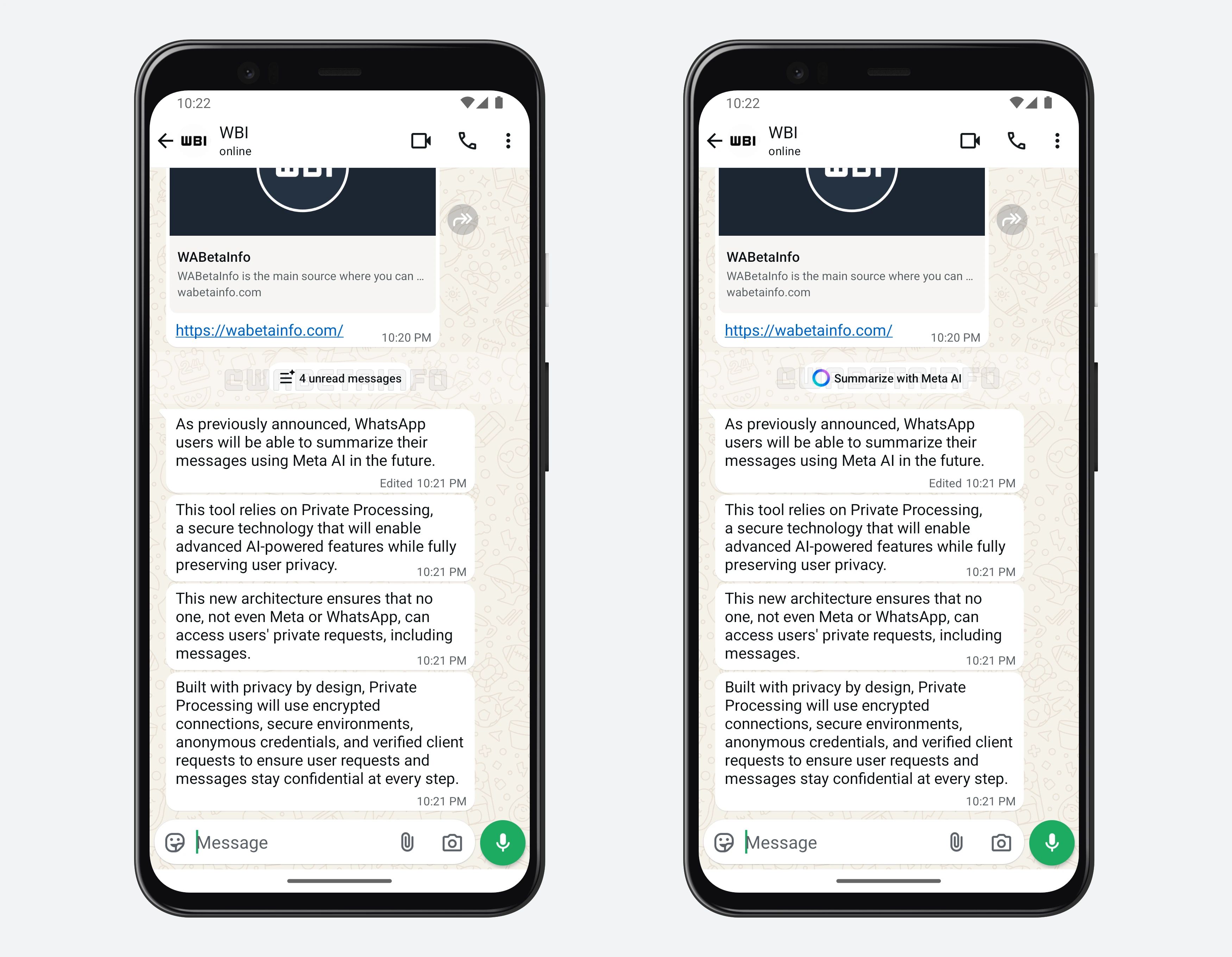 A screenshot highlighting WhatsApp's potentially upcoming message summarization feature.