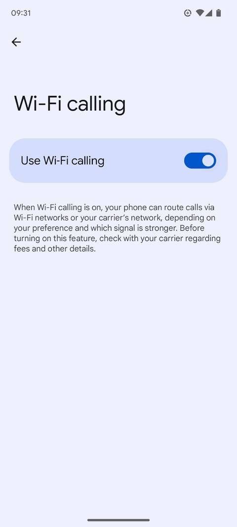Wi-Fi calling feature turned on in Google Pixel settings menu