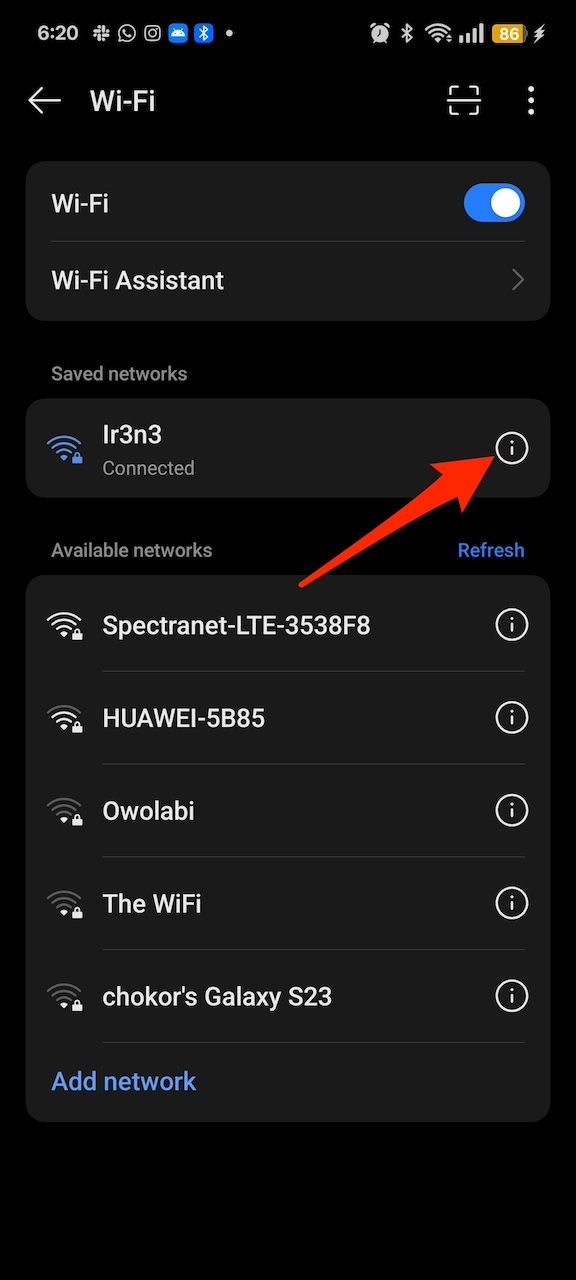 Wi-Fi menu showing available networks on Realme phone