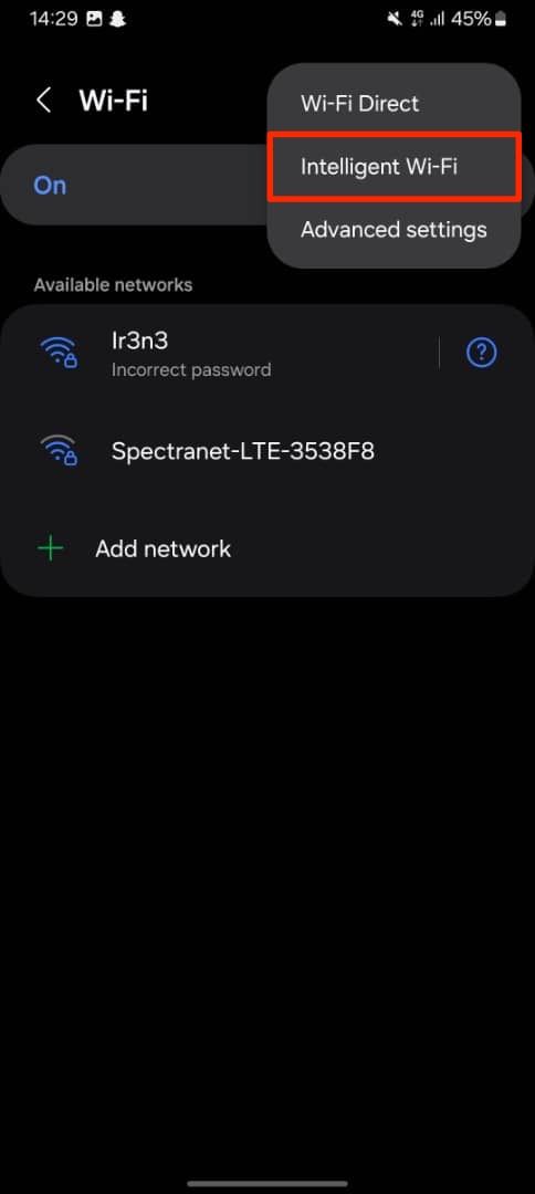 Red box highlighting Intelligent Wi-Fi option in Samsung Galaxy Wi-Fi menu