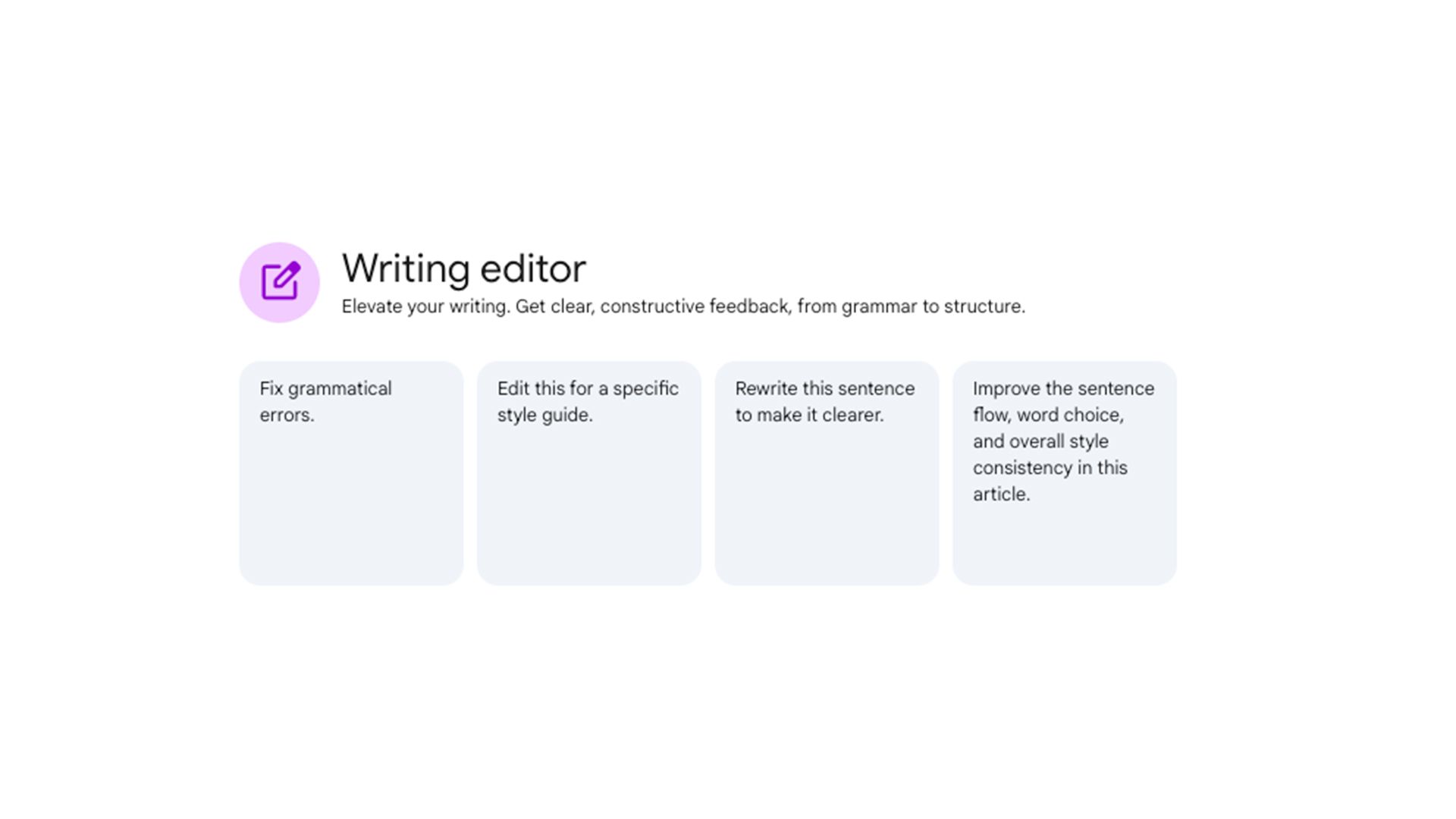 Writing Editor Gem interface featuring tasks like fixing grammar, editing for style, clarifying sentences, and improving article consistency