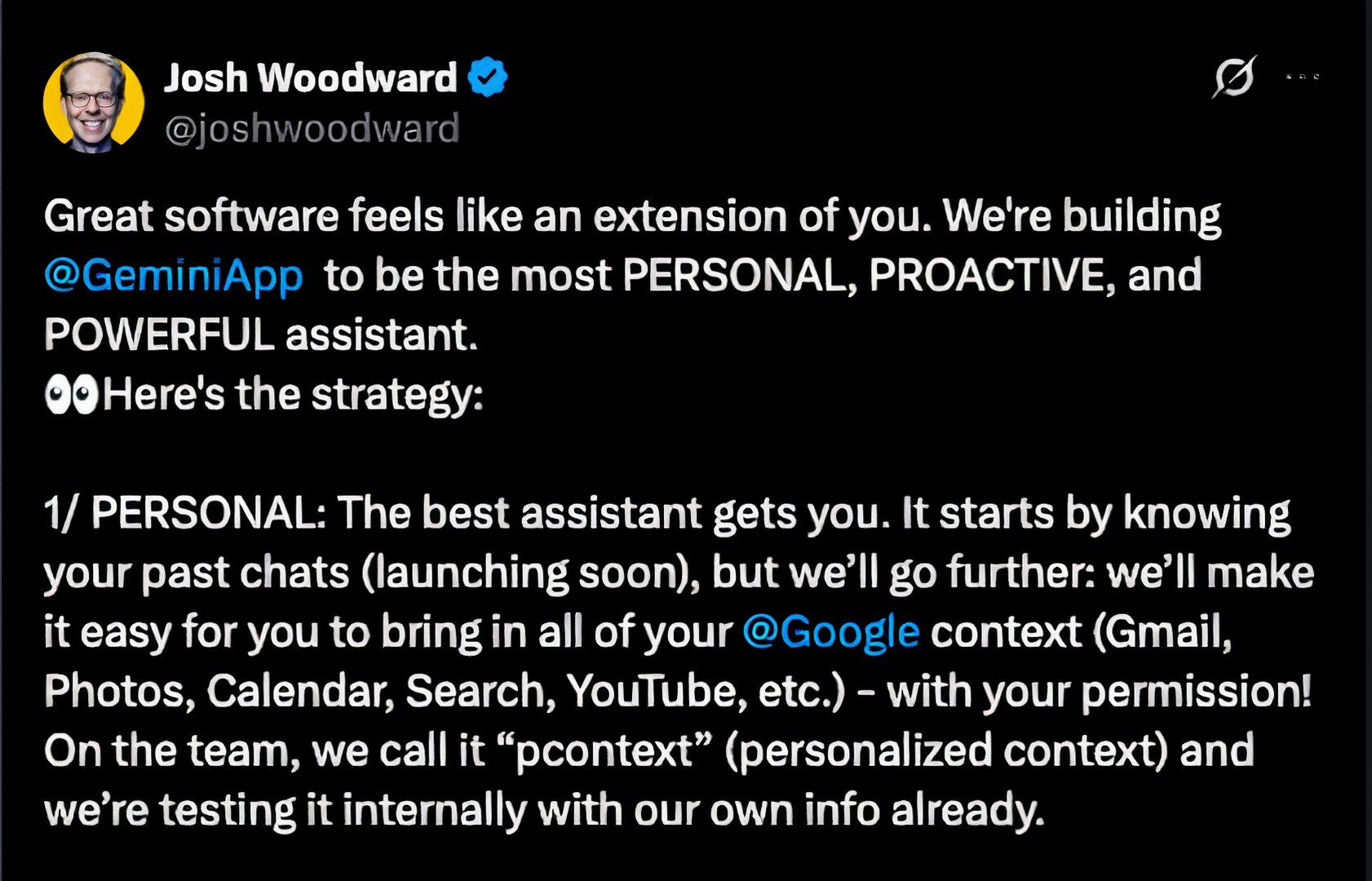 A screenshot of Josh Woodward's post on X, outlining the update to Gemini. 