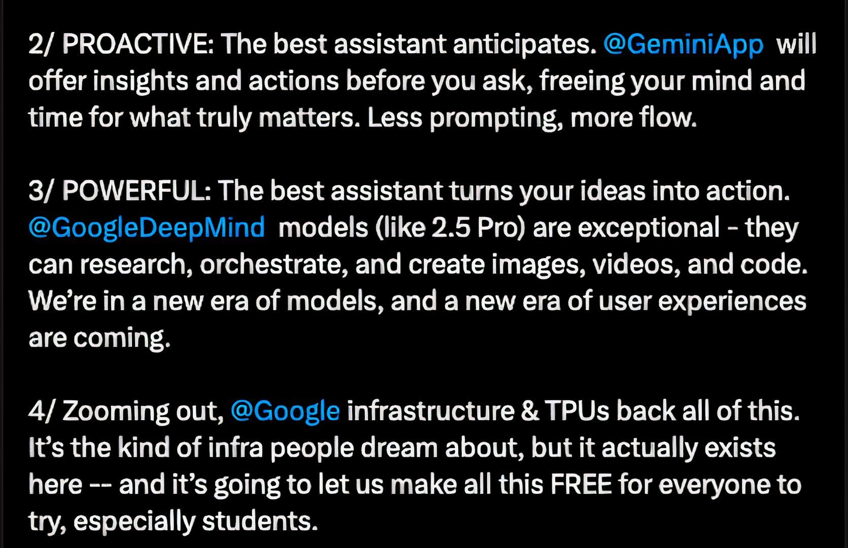 A screenshot of part two of Josh Woodward's post on X, highlighting some of the perks of the new Gemini update.