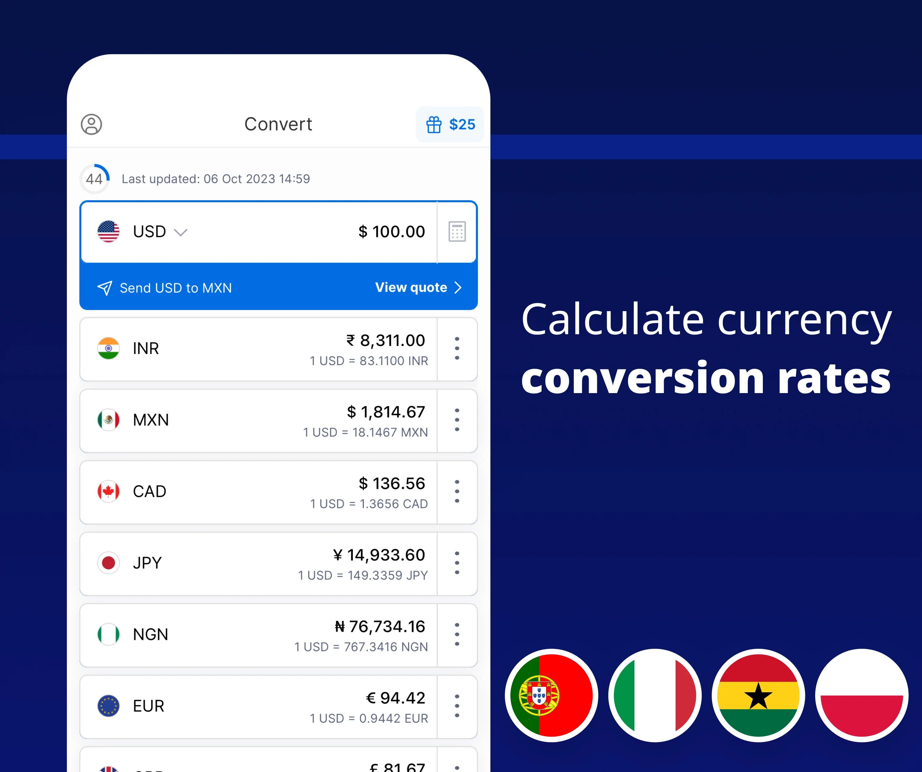a screenshot of the xe currency converter app detailing exchange rates next to country flags