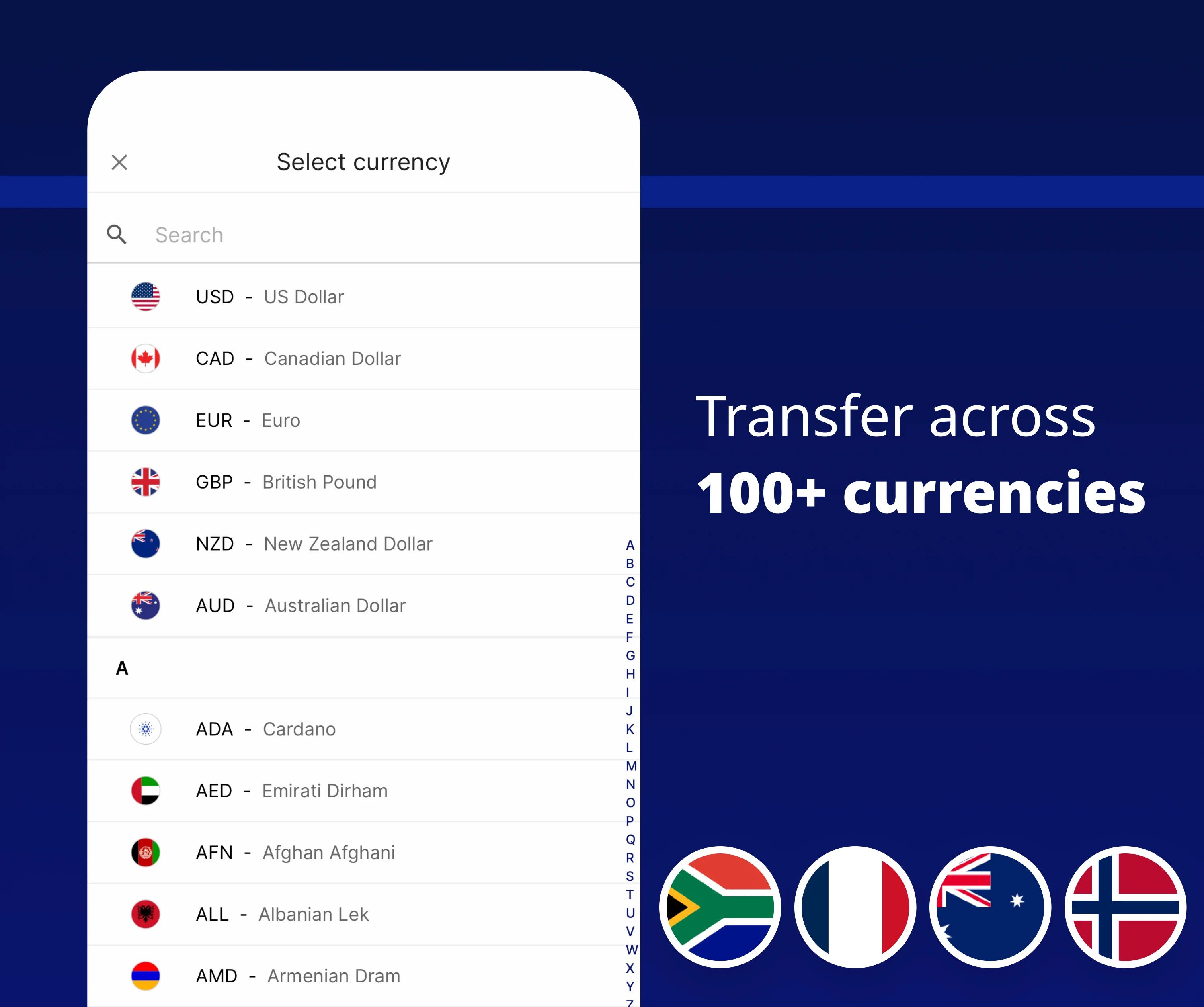 a screenshot of the xe currency converter app listing currencies next to country flags