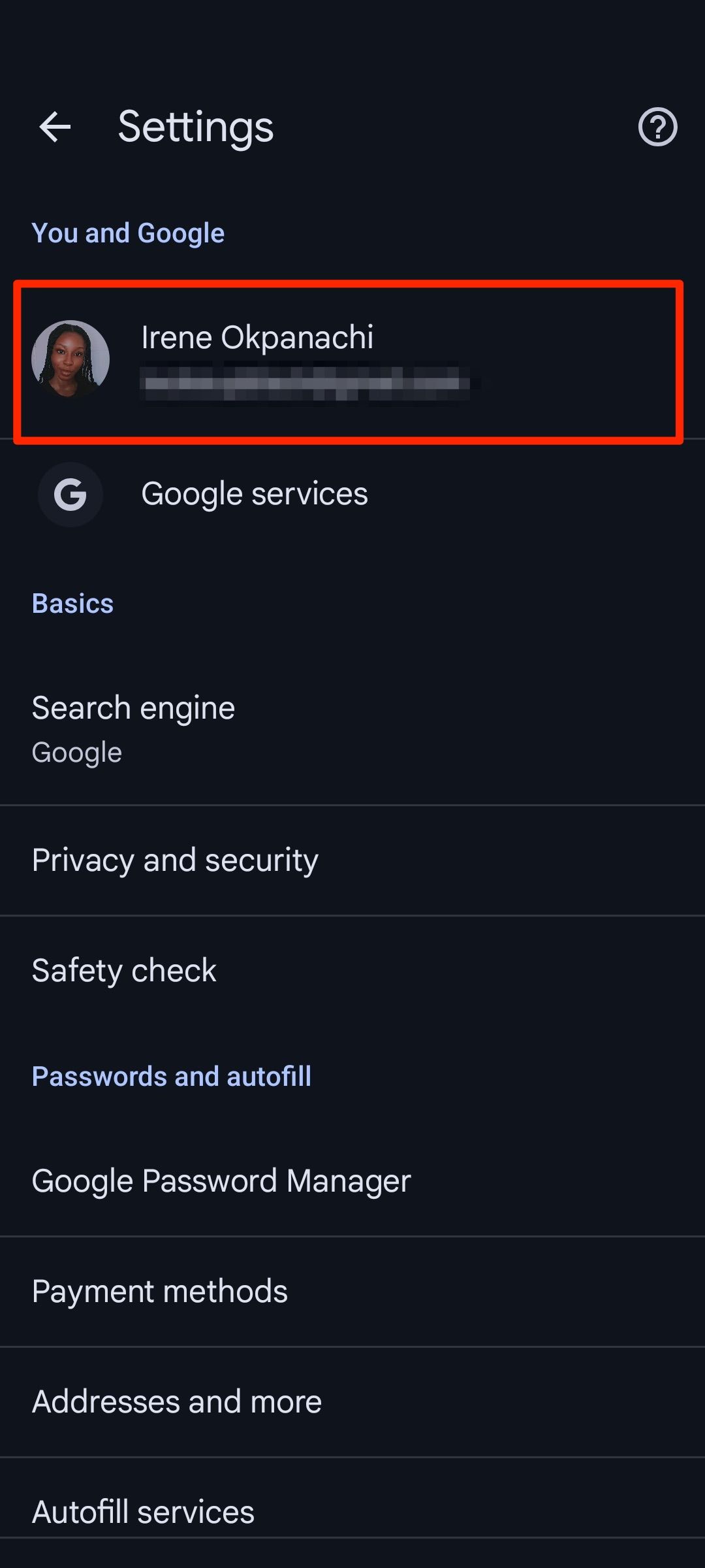 Red box highlighting user Google account name in Chrome settings menu