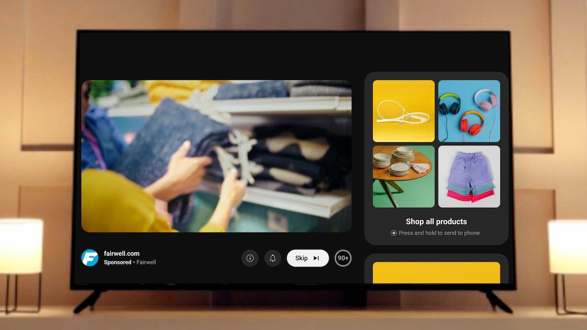 An image of a TV running the YouTube app as it displays a shoppable in-video ad.
