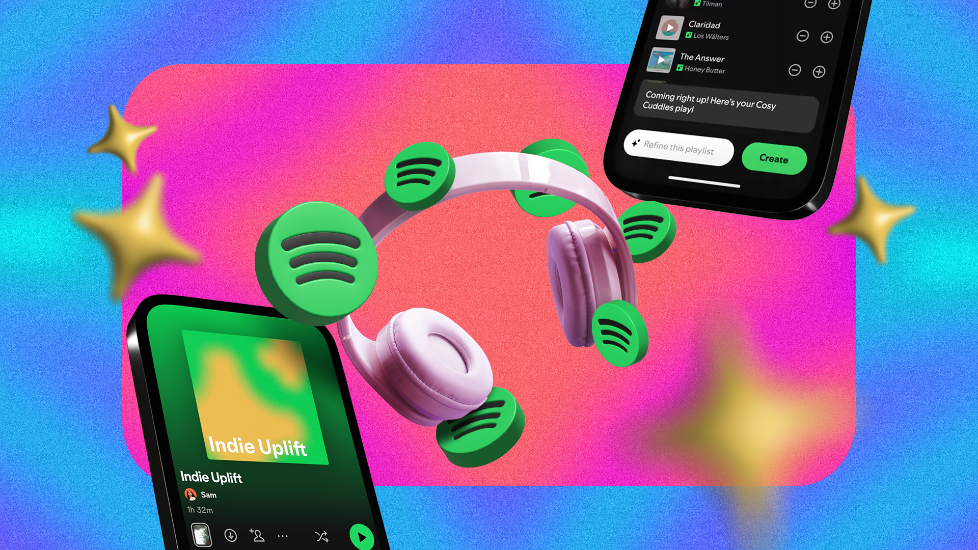 A headphone with Spotify icons around it and two smartphones beside it showing the AI playlist feature.