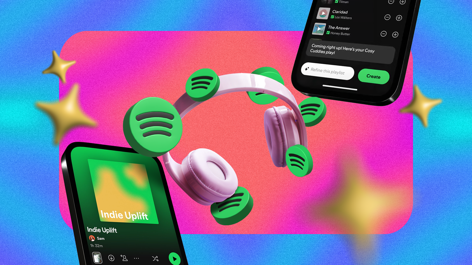 A headphone with Spotify icons around it and two smartphones beside it showing the AI playlist feature.