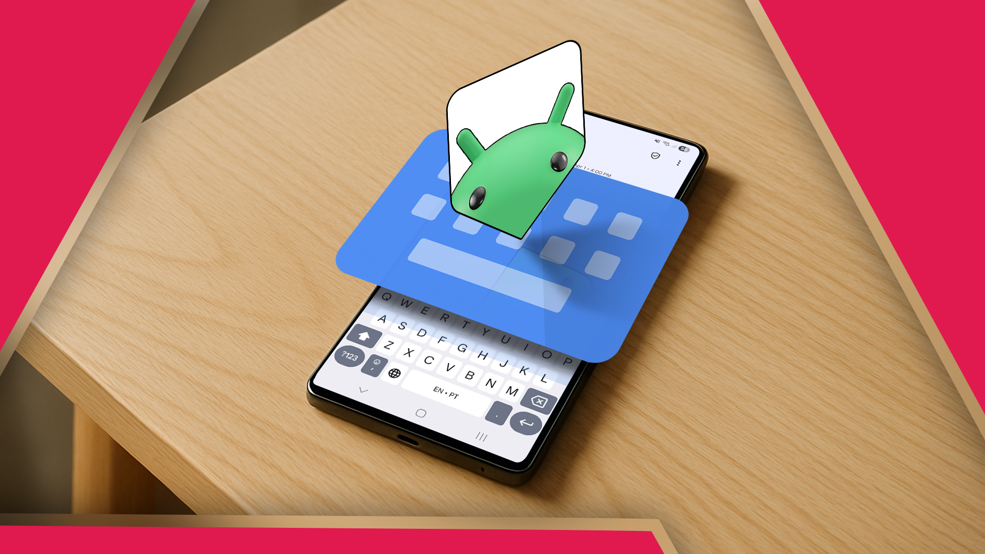 A phone on a table with an illustration of a keyboard featuring the Android logo hovering above the screen.