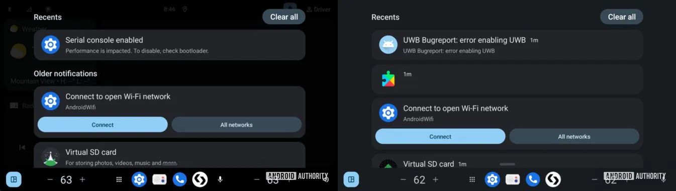Screenshots highlighting AAOS 16's new solid notification panel background.
