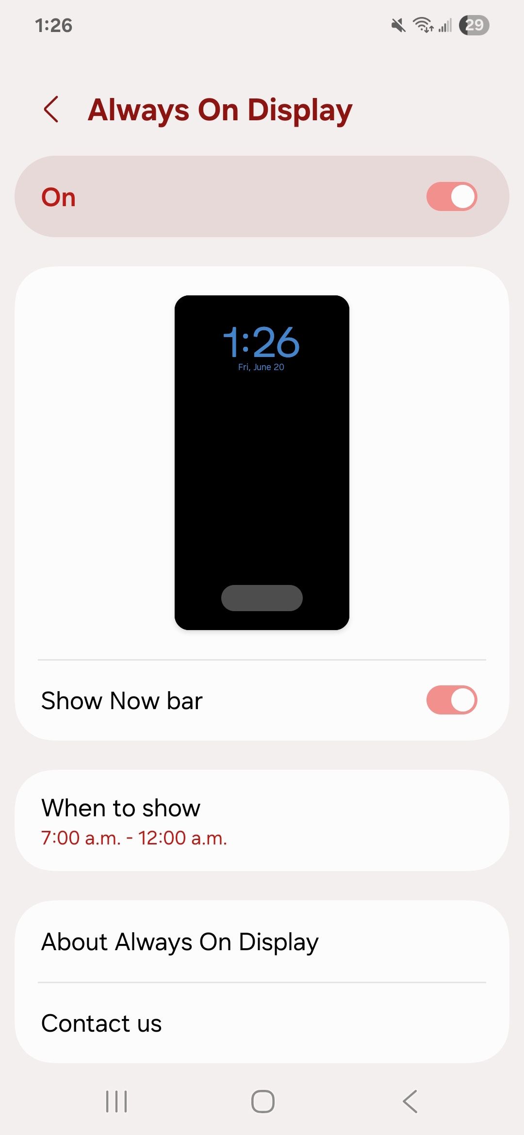 Always On Display menu showing toggle, Show Now bar toggle and schedule