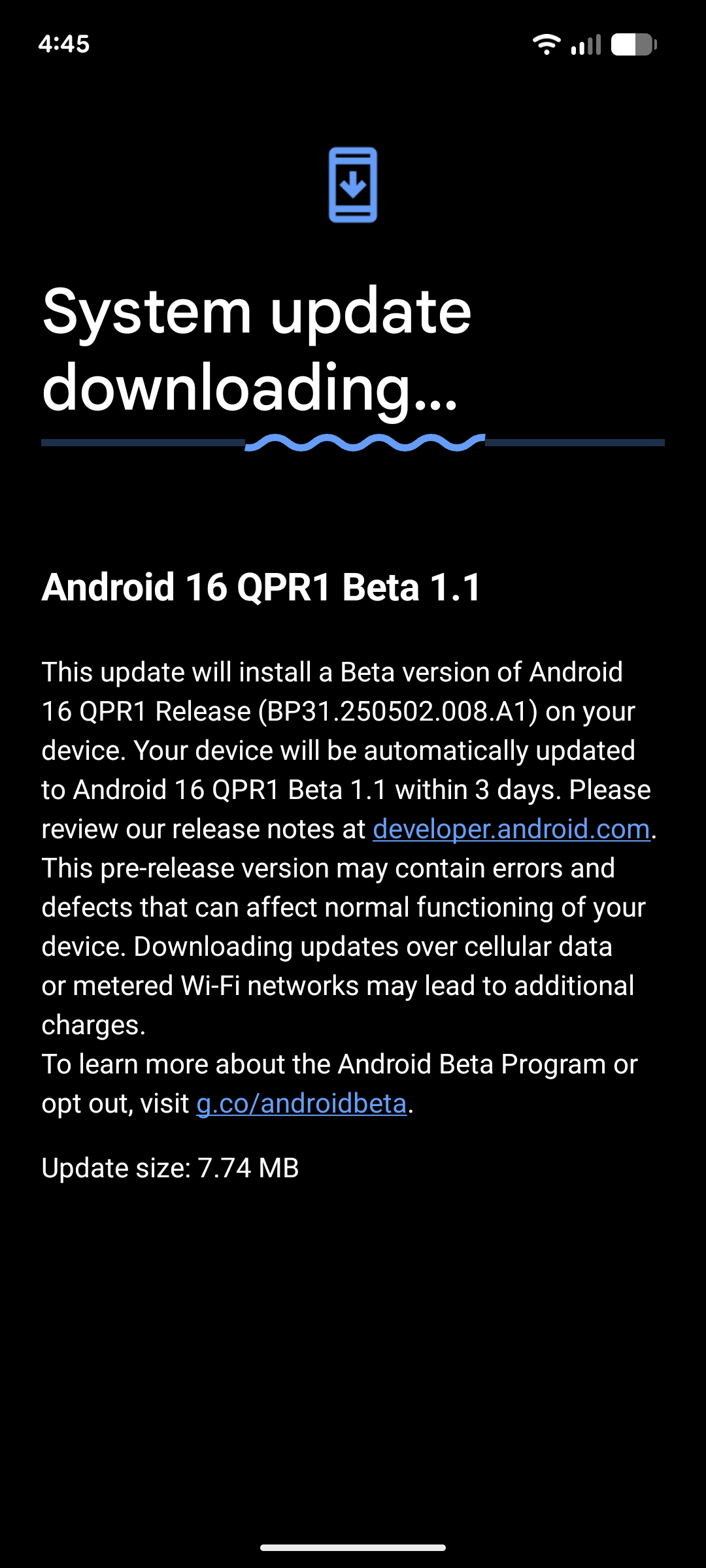 Screenshot showing the system update progress bar on Android 16 QPR1.