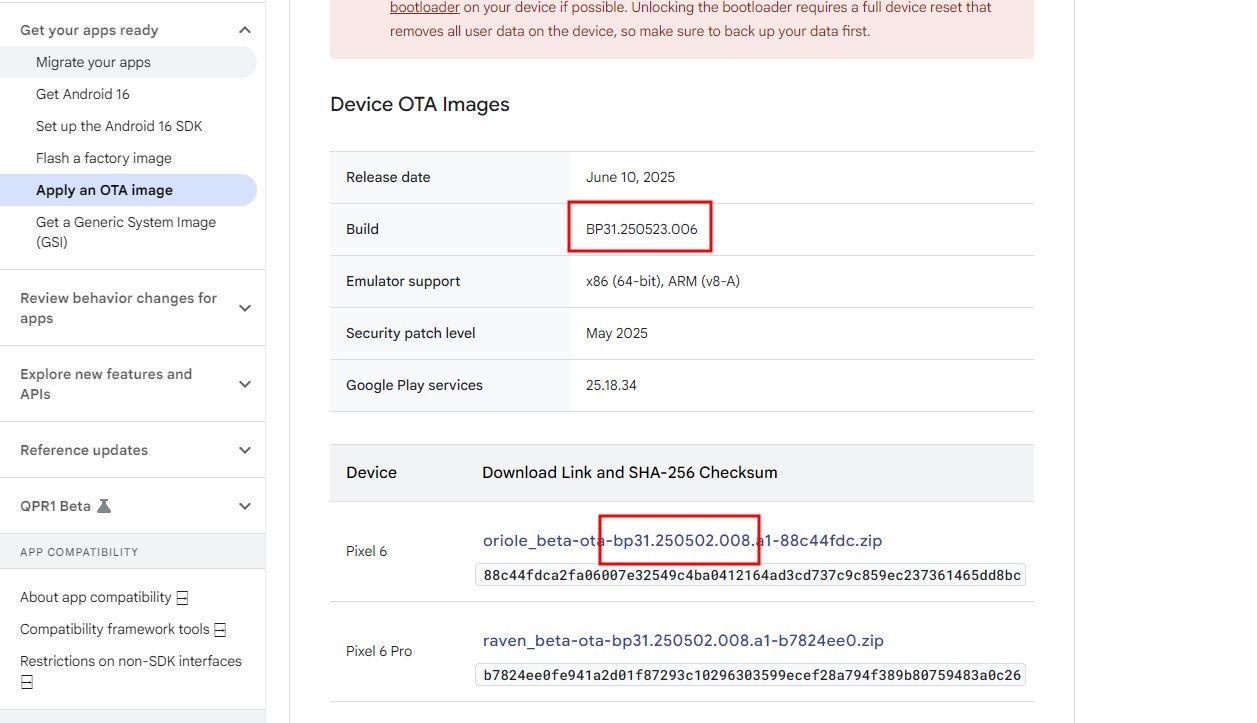 A screenshot of the Android Developers website, highlighting a discrepancy in claimed and labeled version numbers for a beta package.