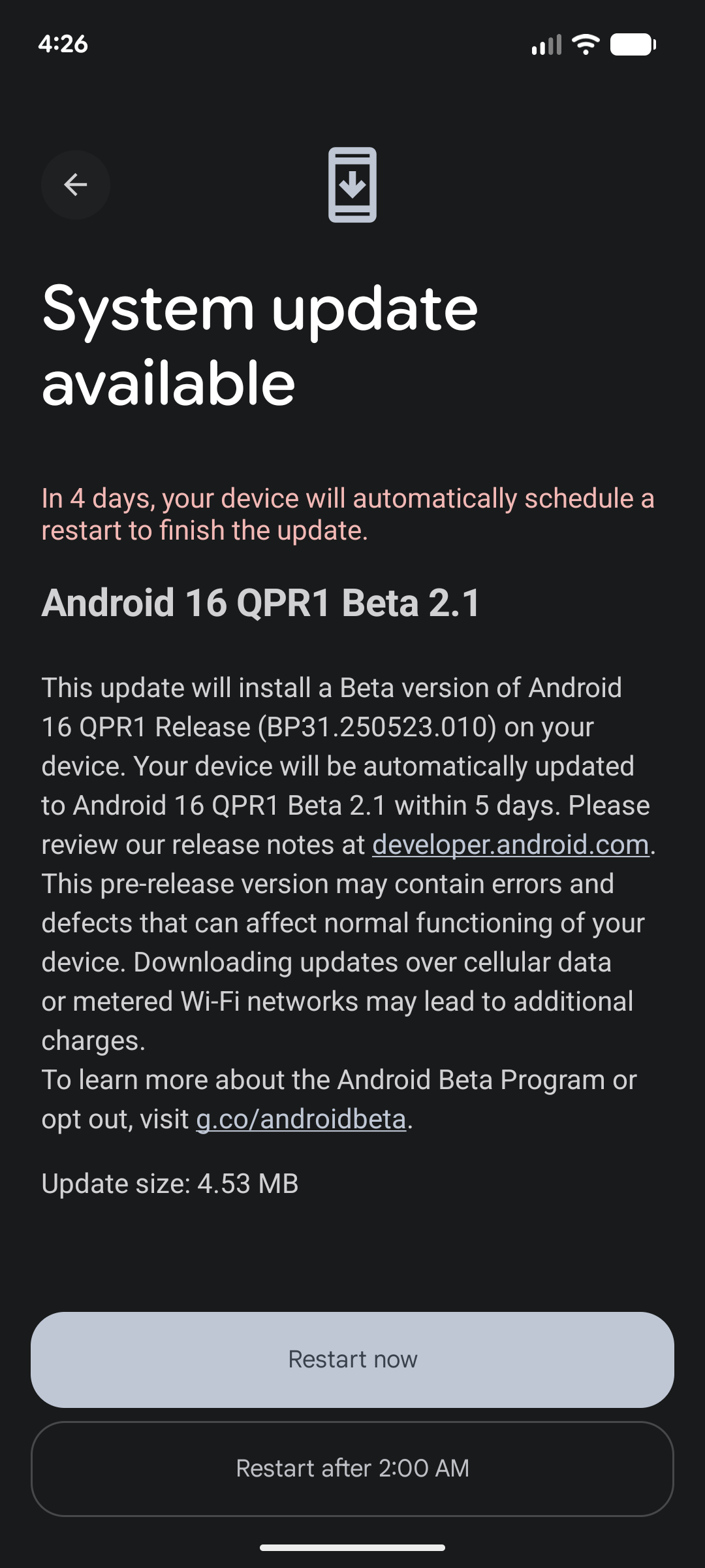 Screenshot showing Android 16 QPR1 Beta 2.1 ready to install on a Pixel 7.