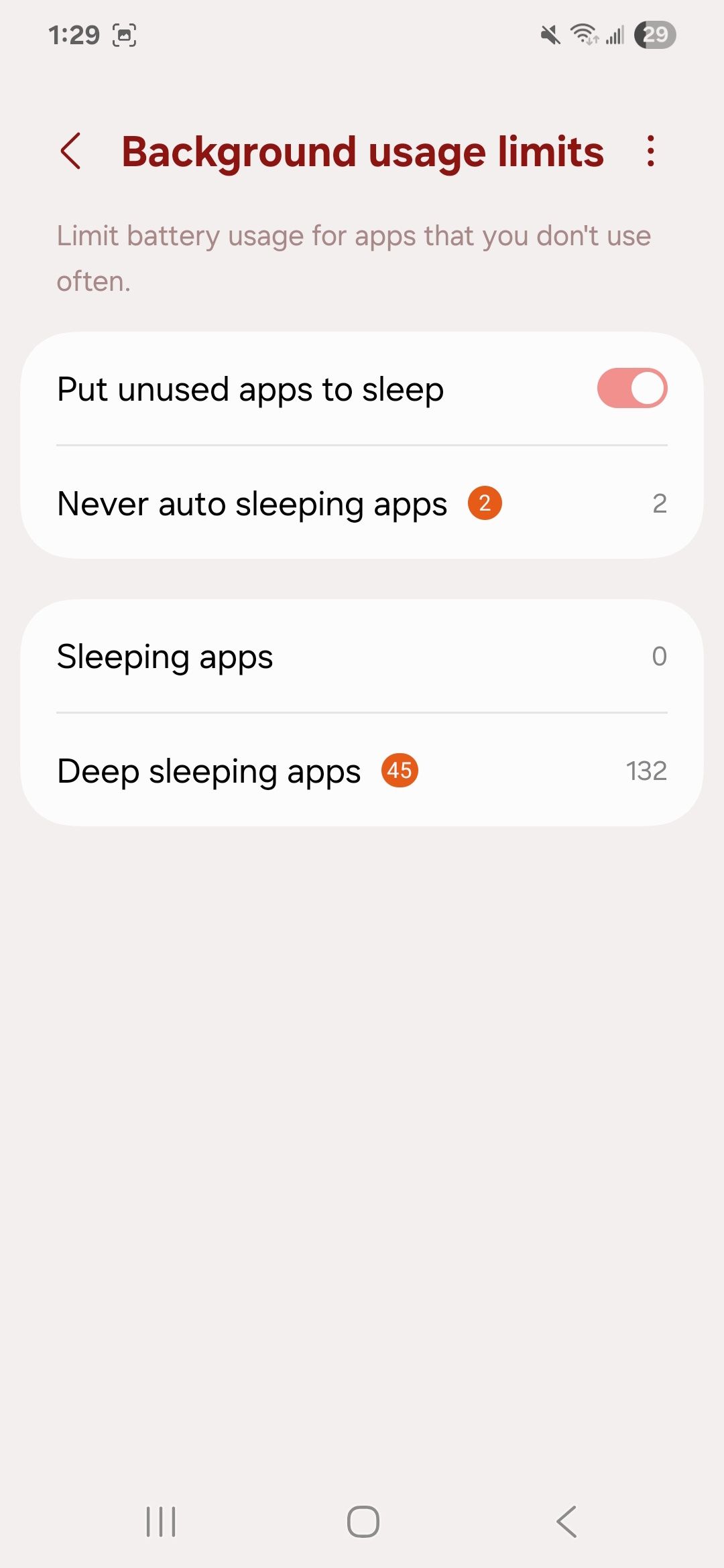 Background usage limits showing put unused apps to sleep toggle, never auto sleeping apps, sleeping apps, and deep sleeping apps