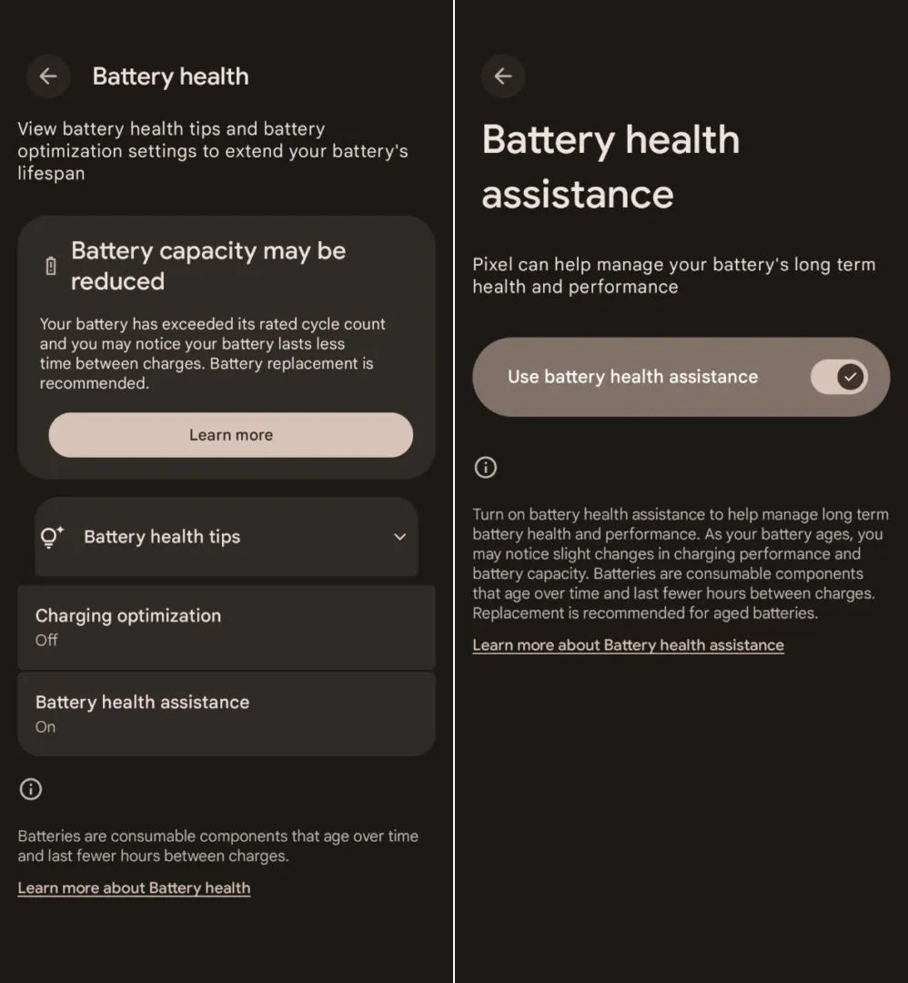 Screenshots highlighting the Batery healt assistance on a Pixel 7 Pro.