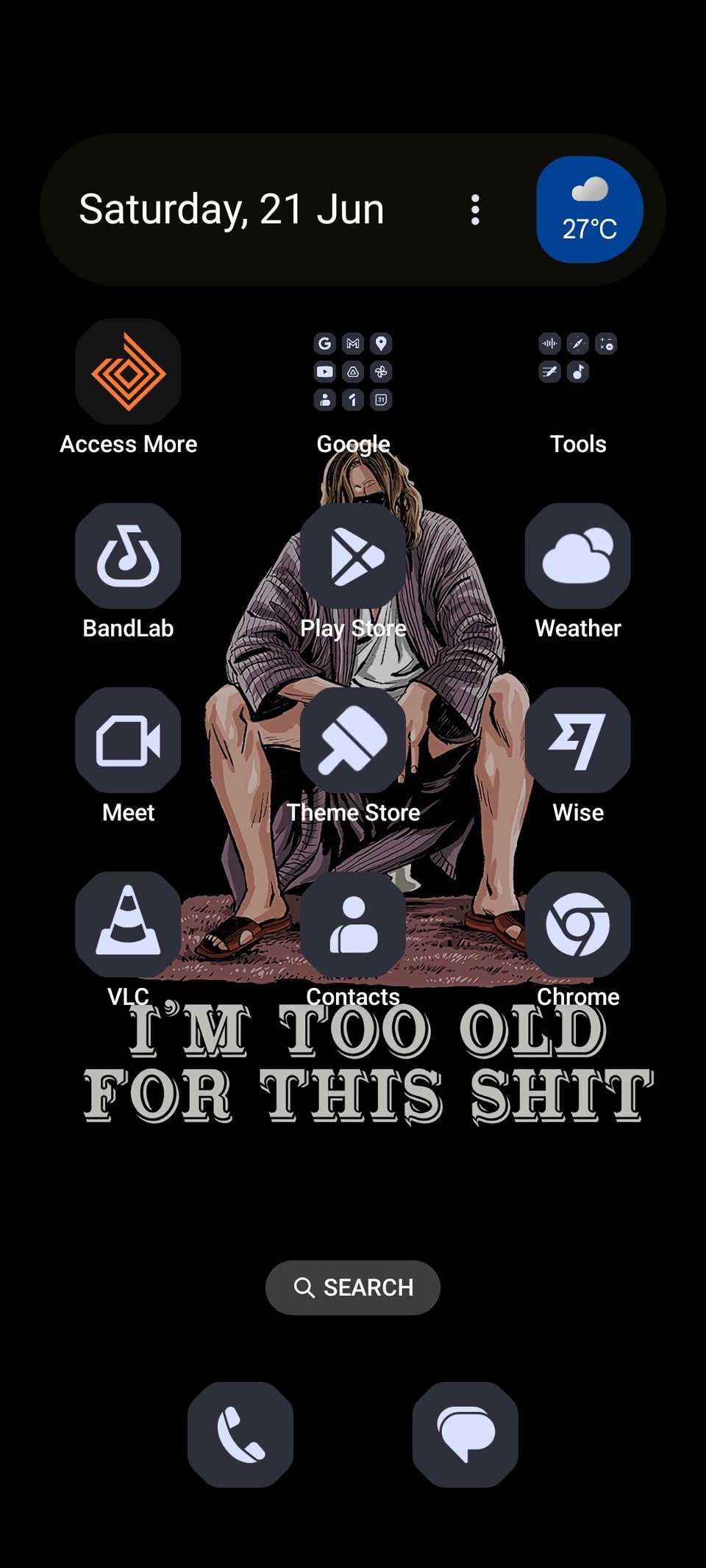 Phone home screen with dark wallpaper and dull gray icons