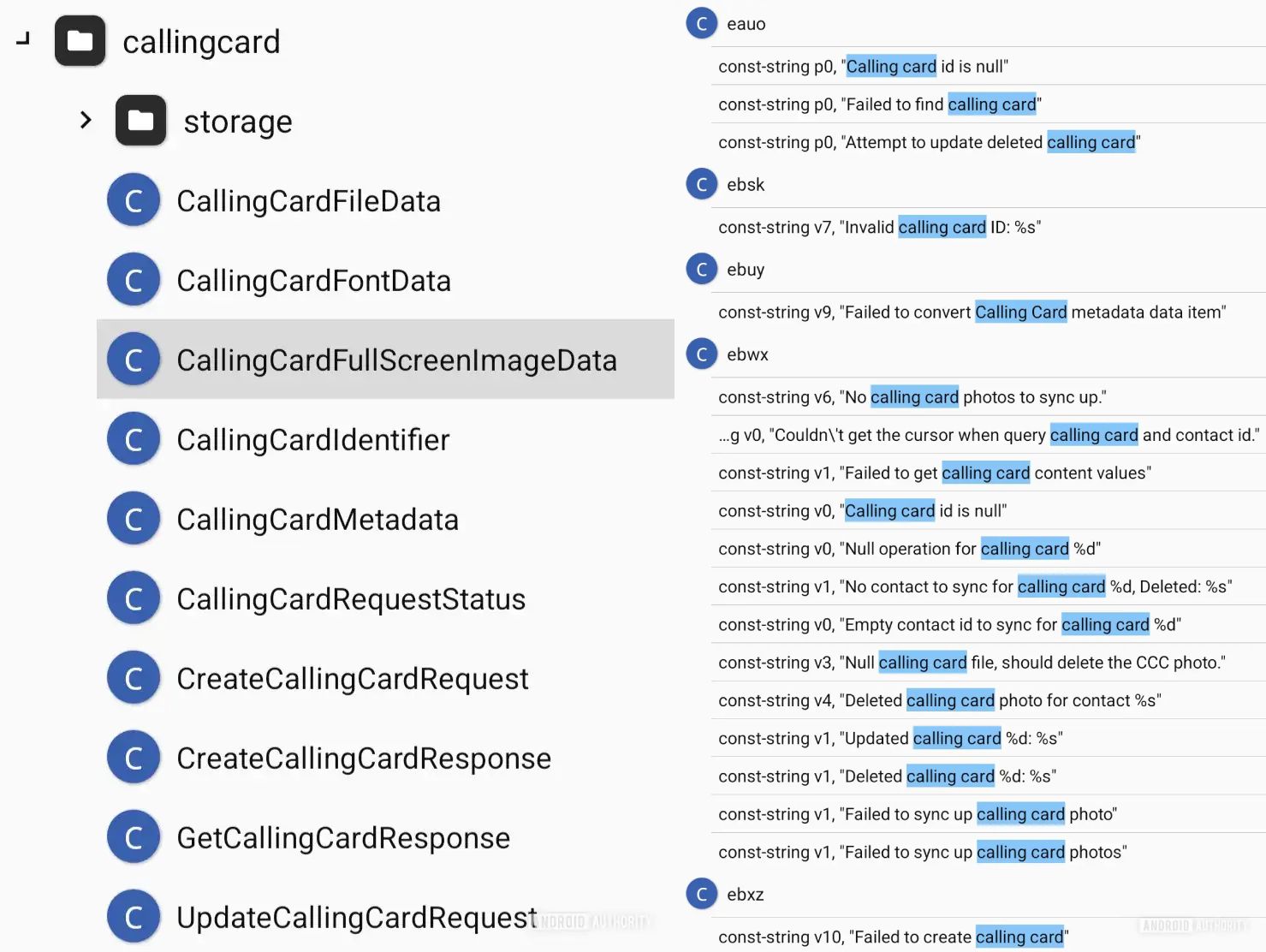 Screenshots highlighting references to Calling Cards in Play Services and System activities.