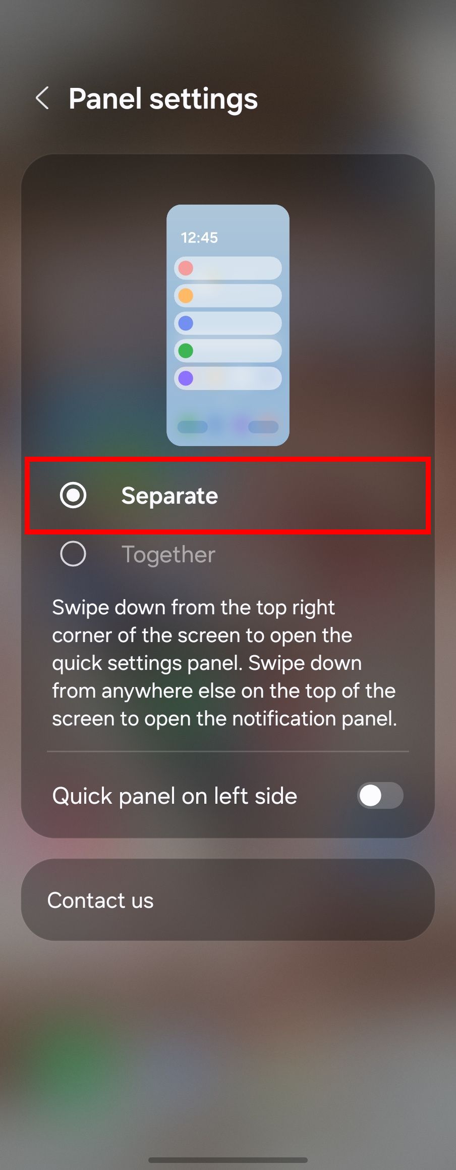 Finding the Separate option in One UI 7's Panel Settings.