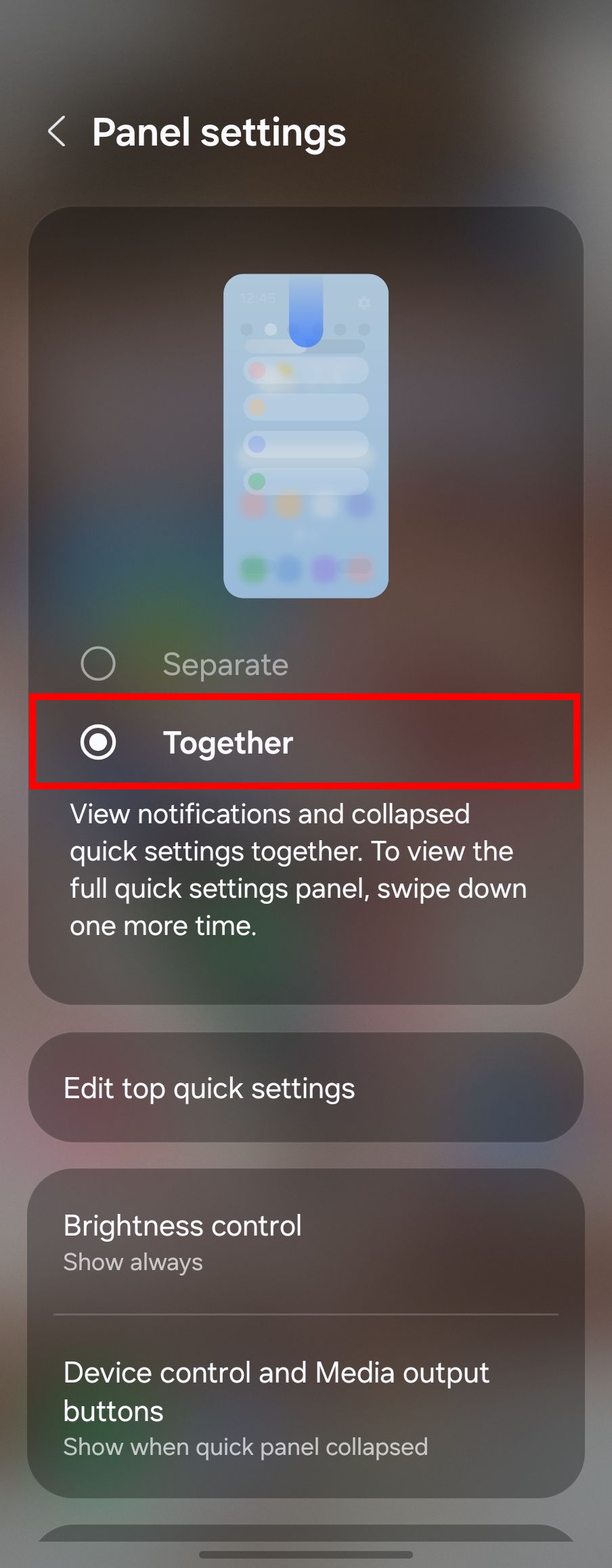 Changing to Together when changing the top drawer in One UI 7.