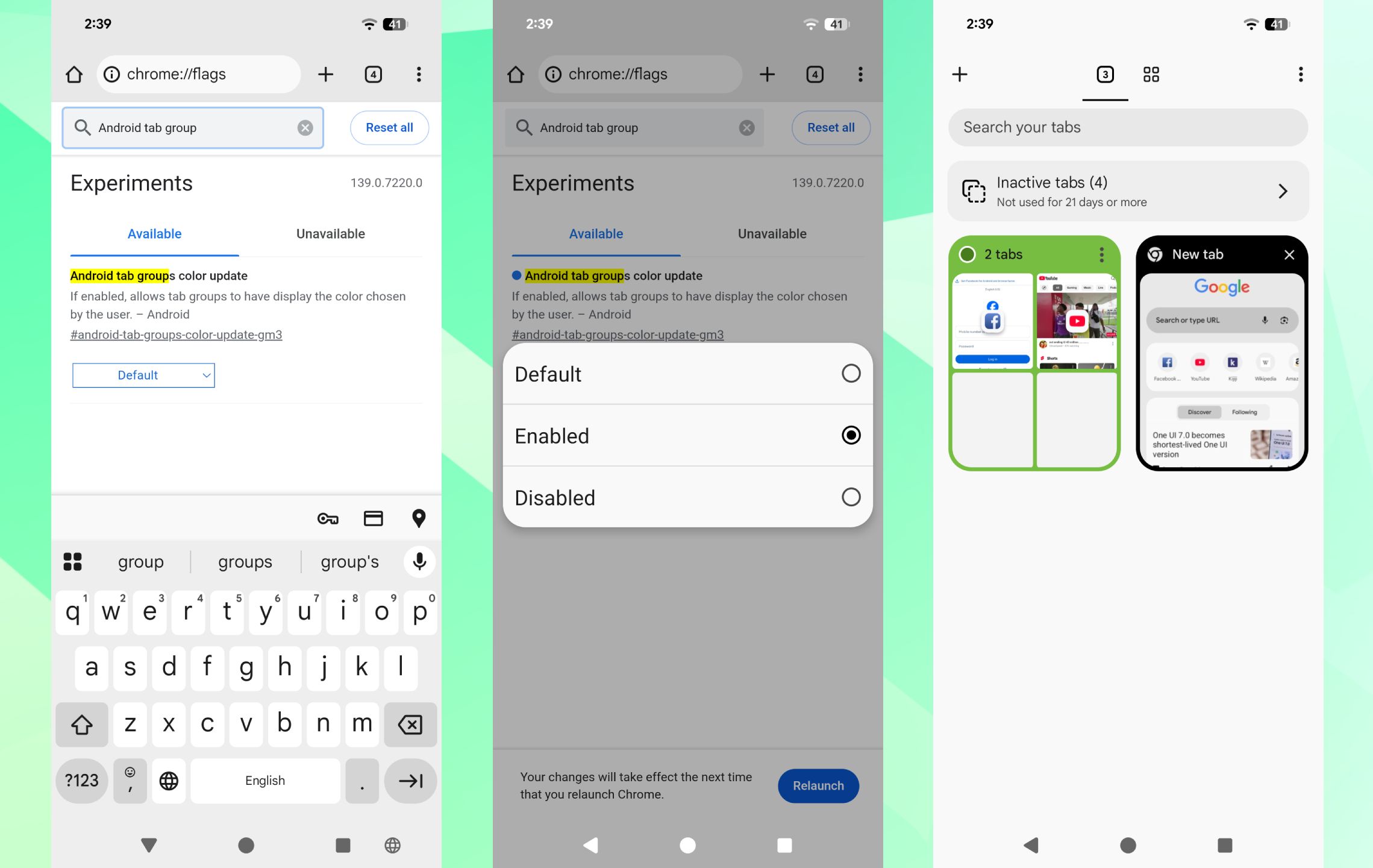Screenshots highlighting Chrome's upcoming colored tab groups.