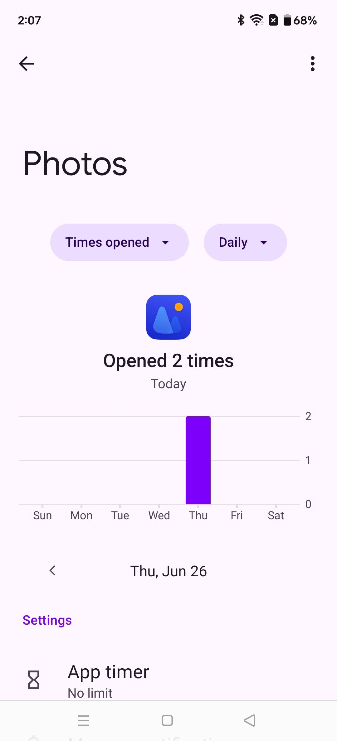 Showing how many times of opening up Photos in a day in Digital Wellbeing settings