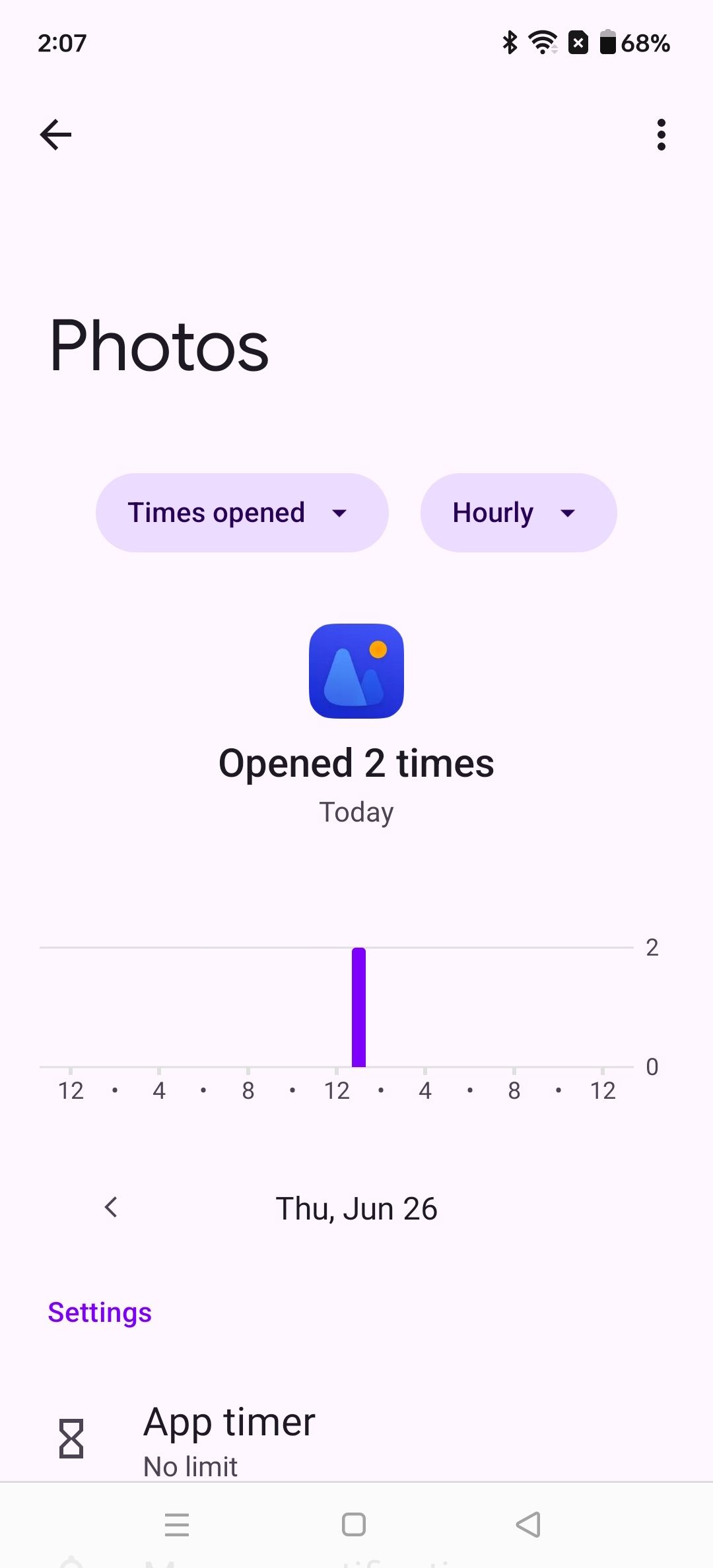Showing how many times of opening up Photos hourly in Digital Wellbeing settings