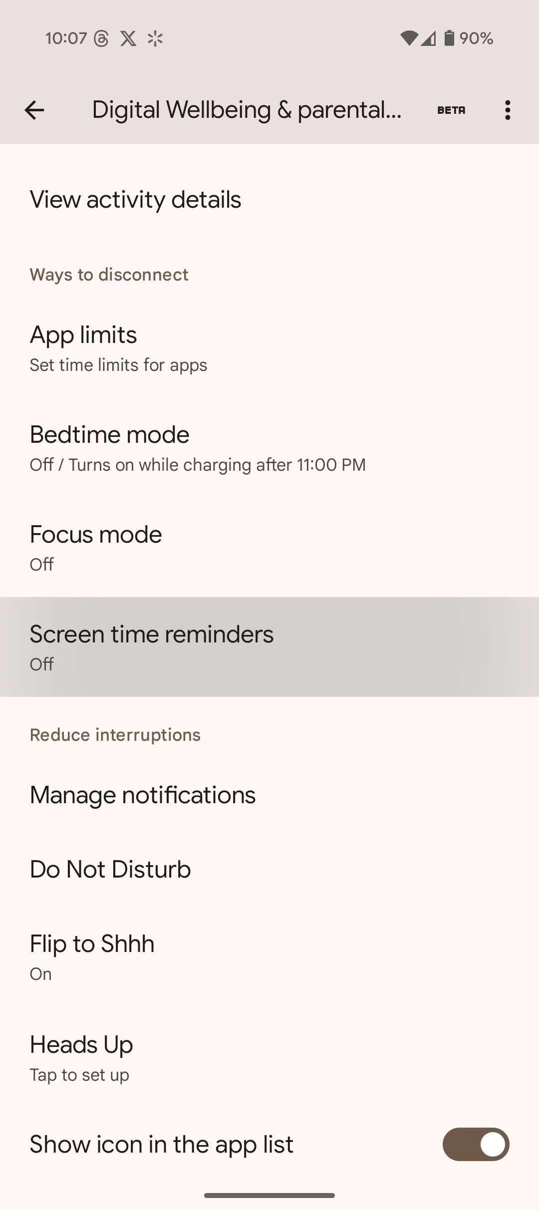 数字健康菜单显示Google Pixel光标选项选项选项选项