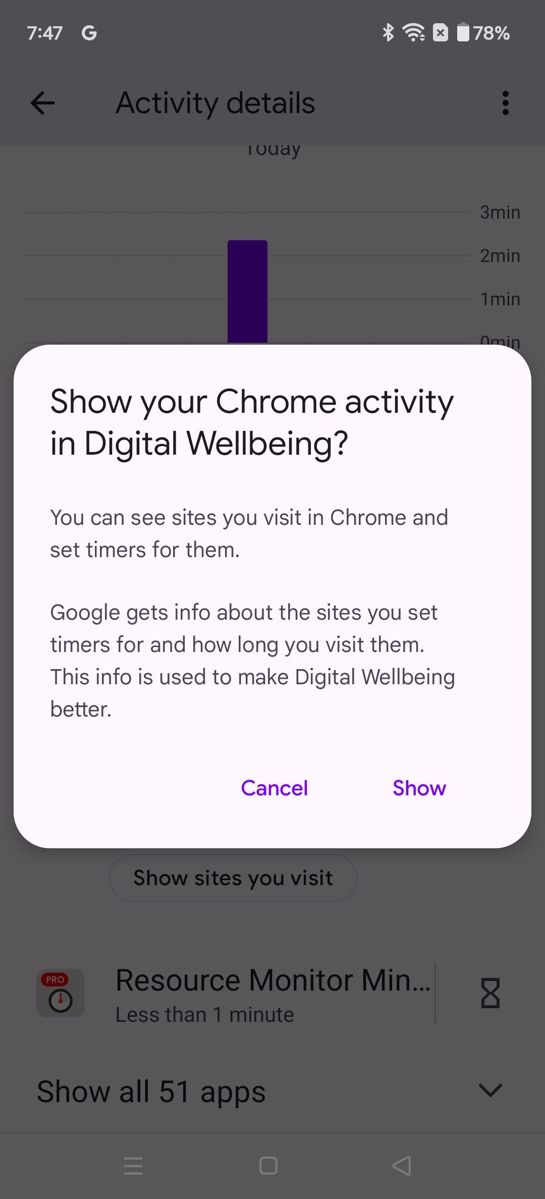 Show your Chrome activity in Digital Wellbeing permissions prompt with Cancel and Show options