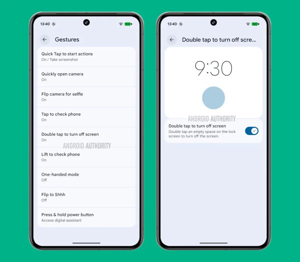 Screenshots of Android 16's upcoming double tap to turn off screen setting.