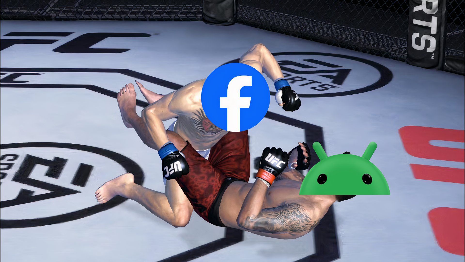 A UFC fighting game character representing Meta delivers blows to a character representing the Android OS.