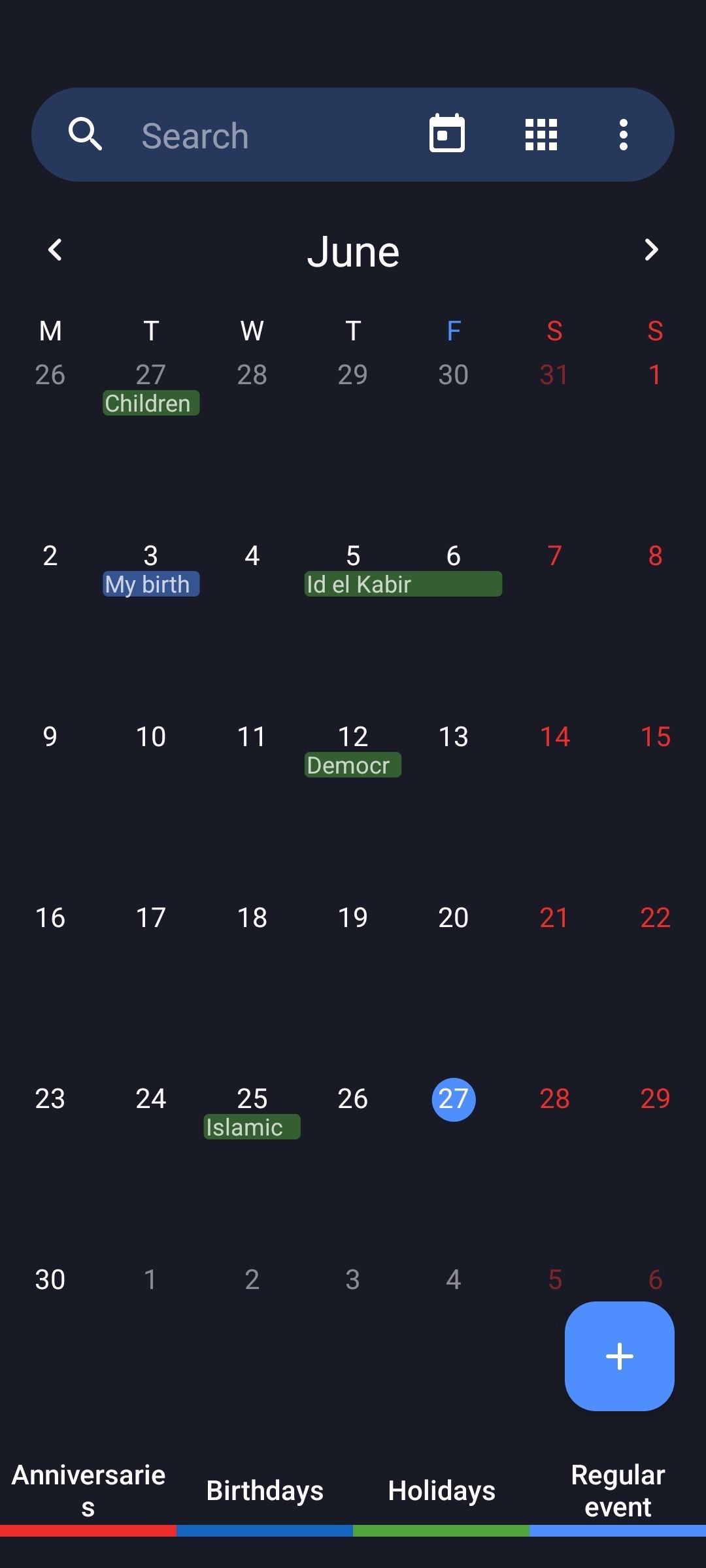 Calendar app with different coloured events on Fossify Calendar app