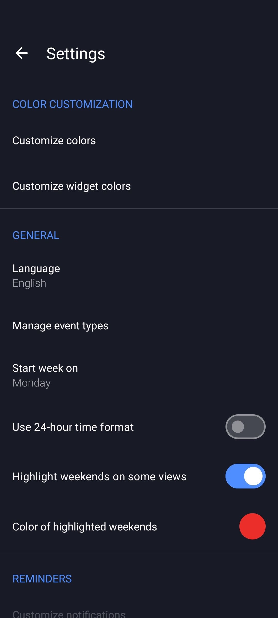 Settings menu showing color customisation and other options on Fossify Calendar app