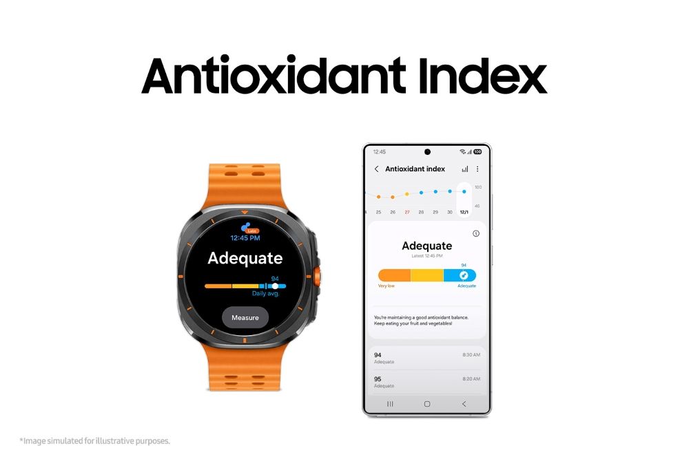 Un gráfico de un reloj Galaxy y un teléfono Galaxy que muestra una próxima función de índice antioxidante.