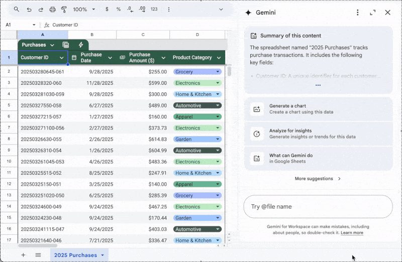 A gif showing how Gemini can now create charts in Google Sheets.